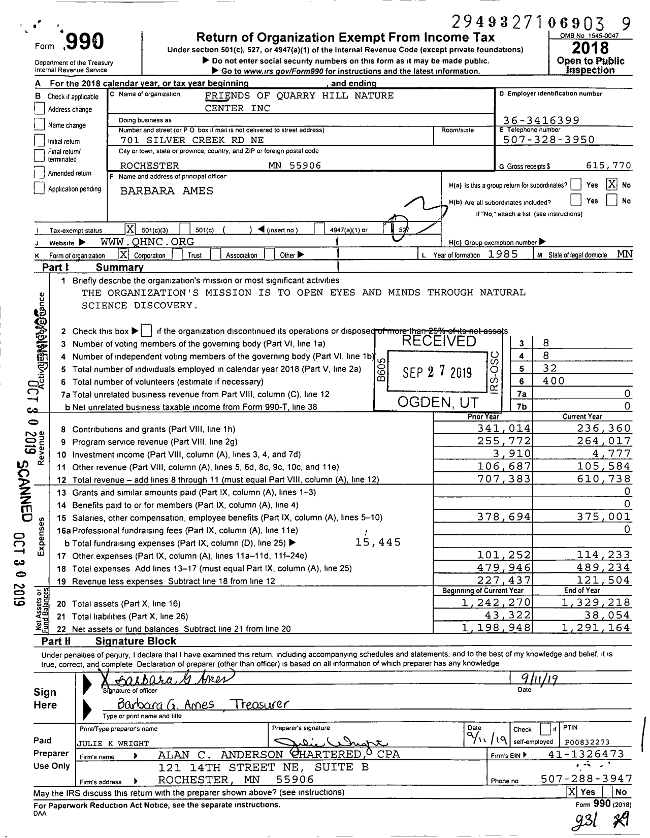 Image of first page of 2018 Form 990 for Friends of Quarry Hill Nature Center