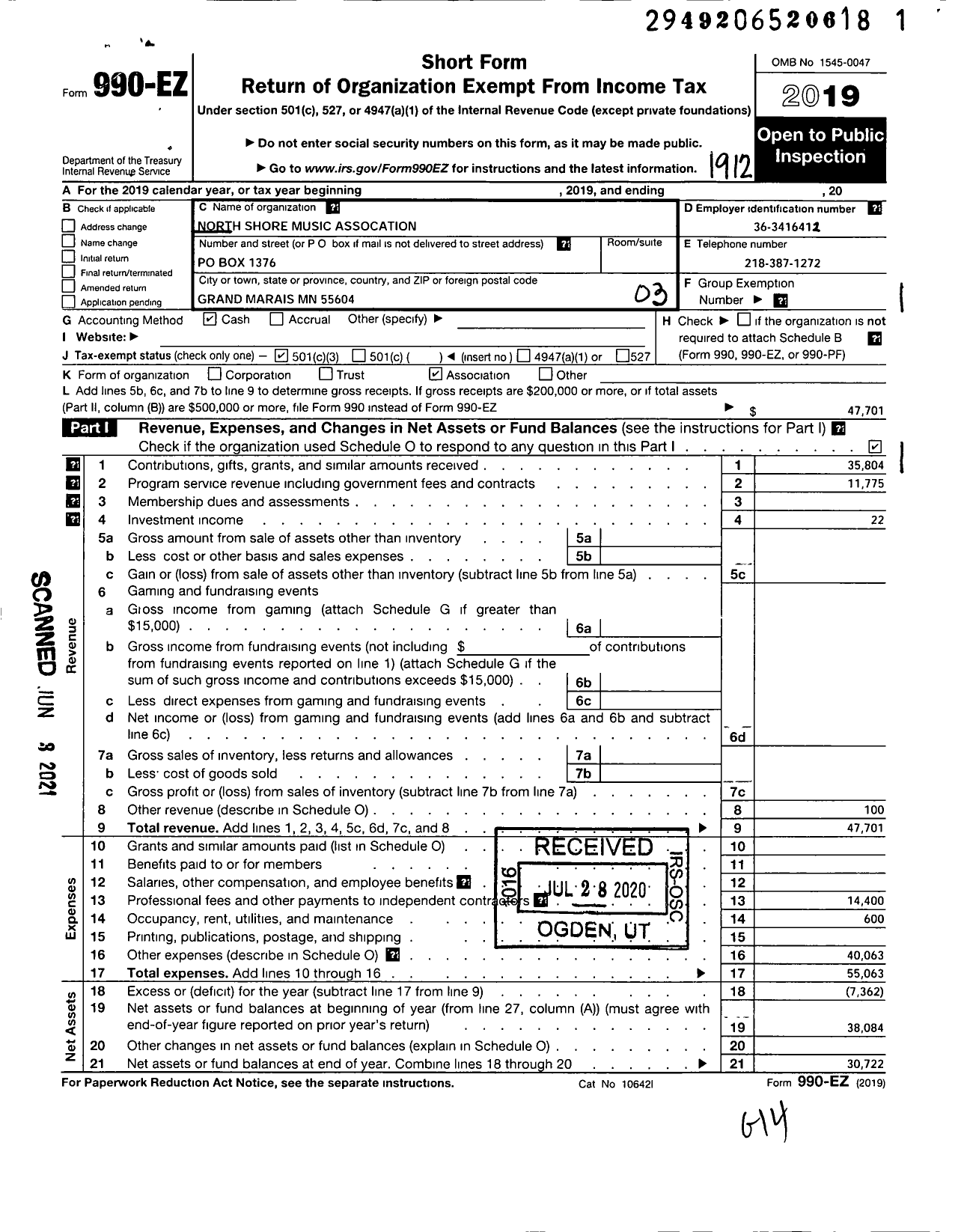 Image of first page of 2019 Form 990EZ for North Shore Music Associaiton