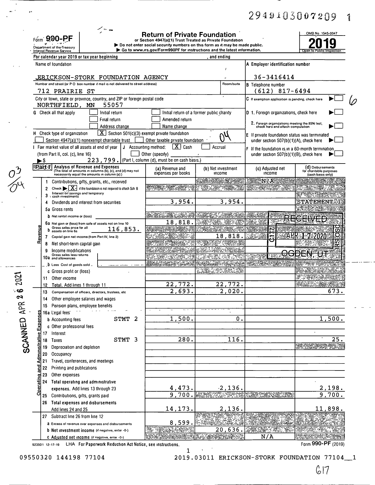 Image of first page of 2019 Form 990PF for Erickson-Stork Foundation Agency