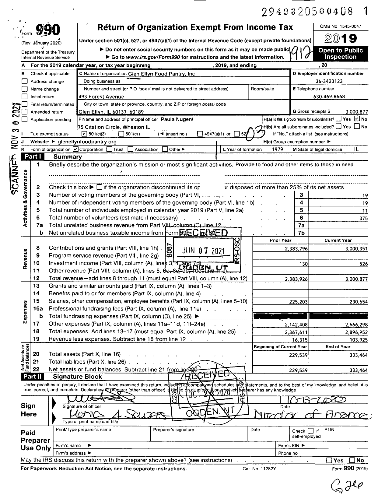 Image of first page of 2019 Form 990 for Glen House Food Pantry