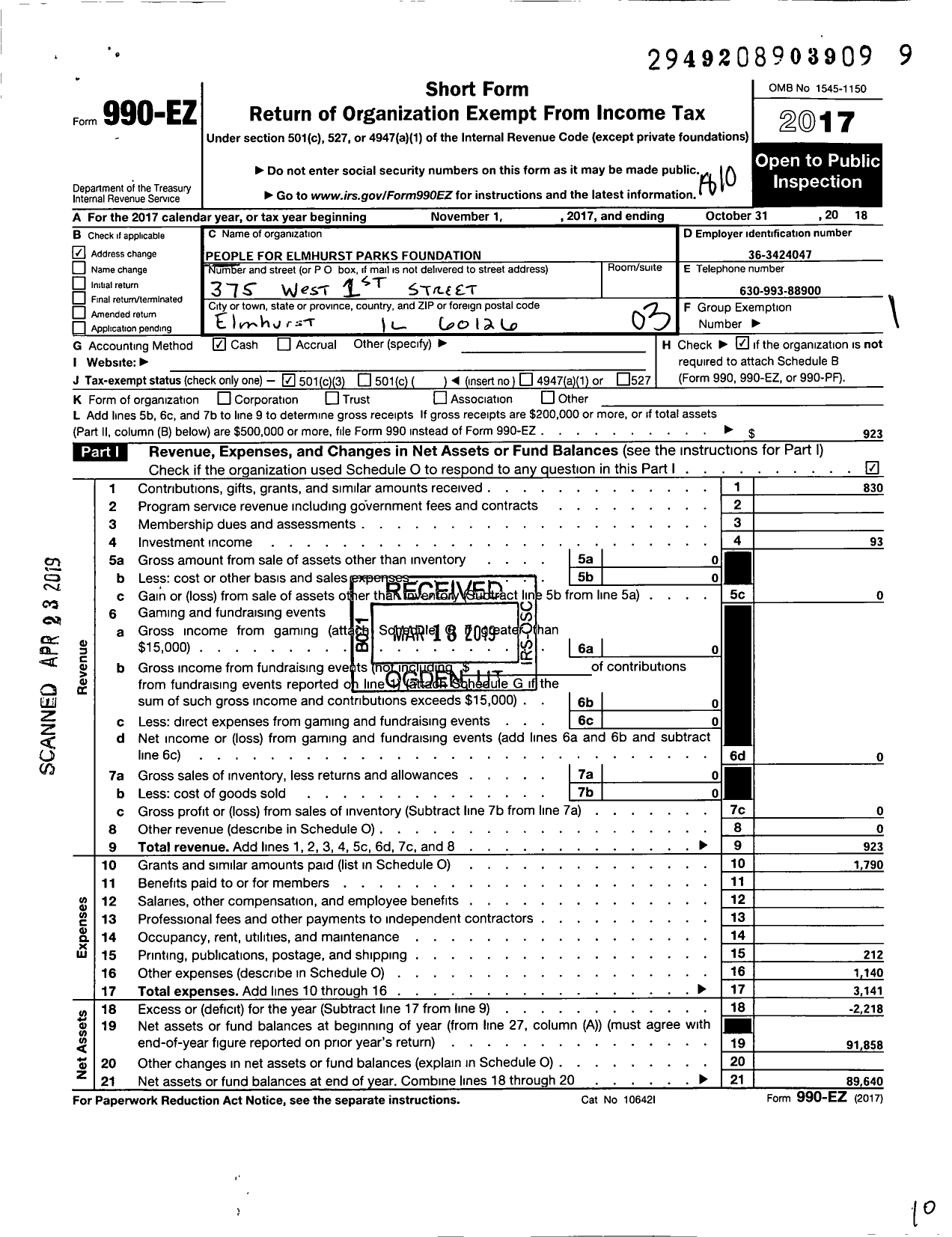 Image of first page of 2017 Form 990EZ for Elmhurst Parks Foundation