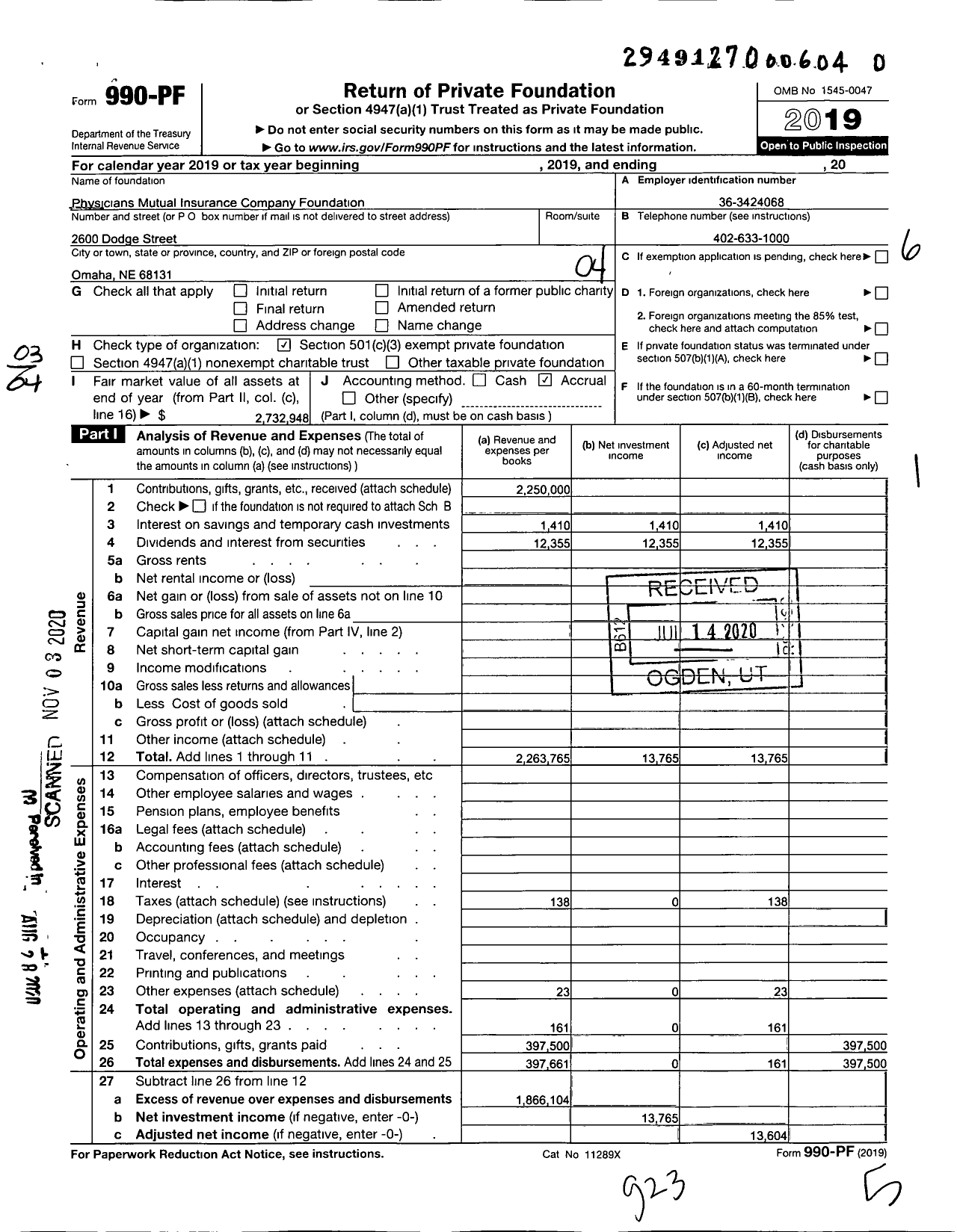 Image of first page of 2019 Form 990PF for Physicians Mutual Insurance Company Foundation