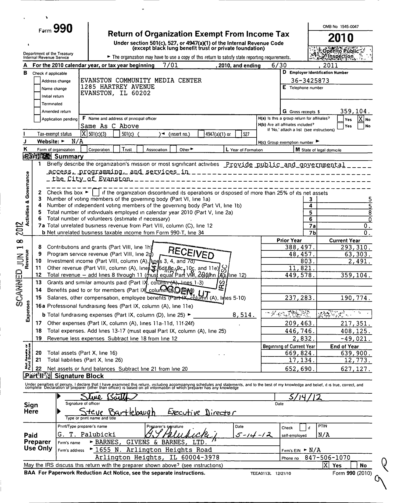 Image of first page of 2010 Form 990 for Evanston Community Television Corporation