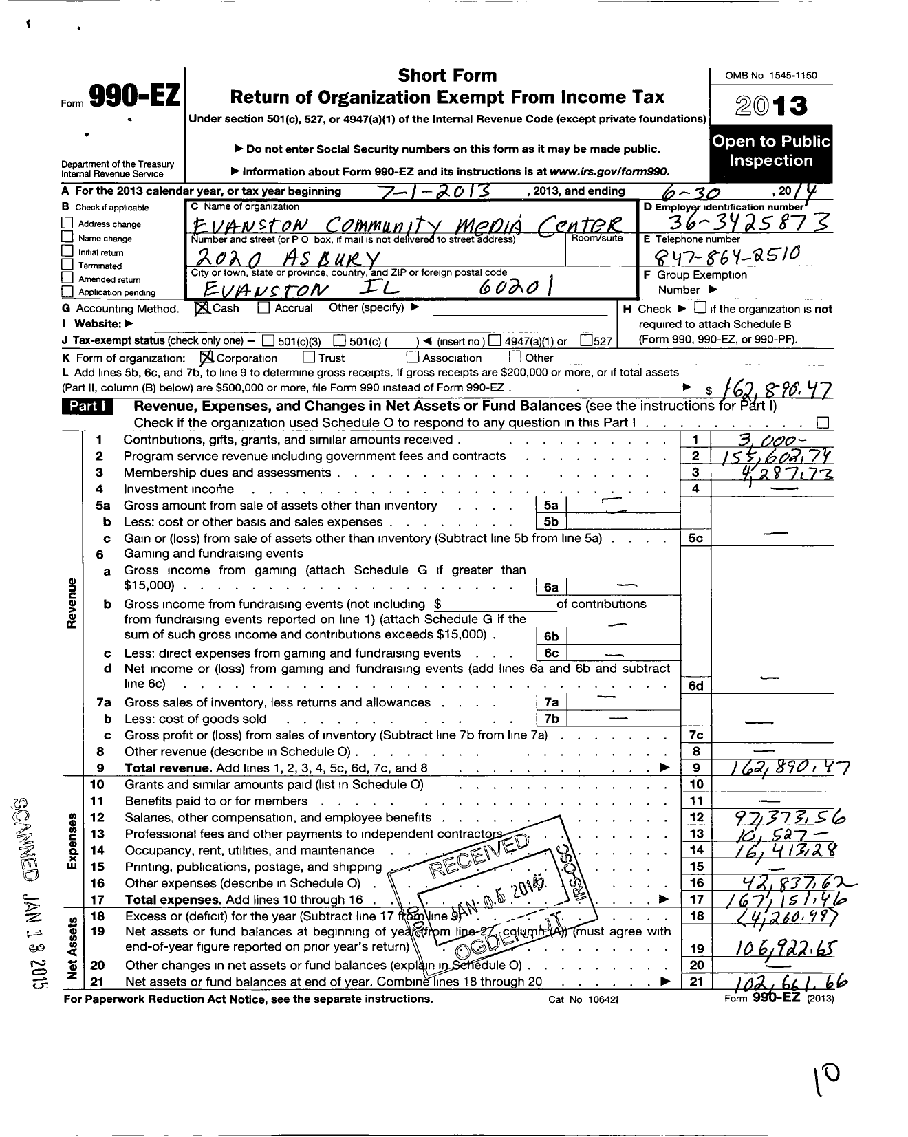 Image of first page of 2013 Form 990EO for Evanston Community Television Corporation