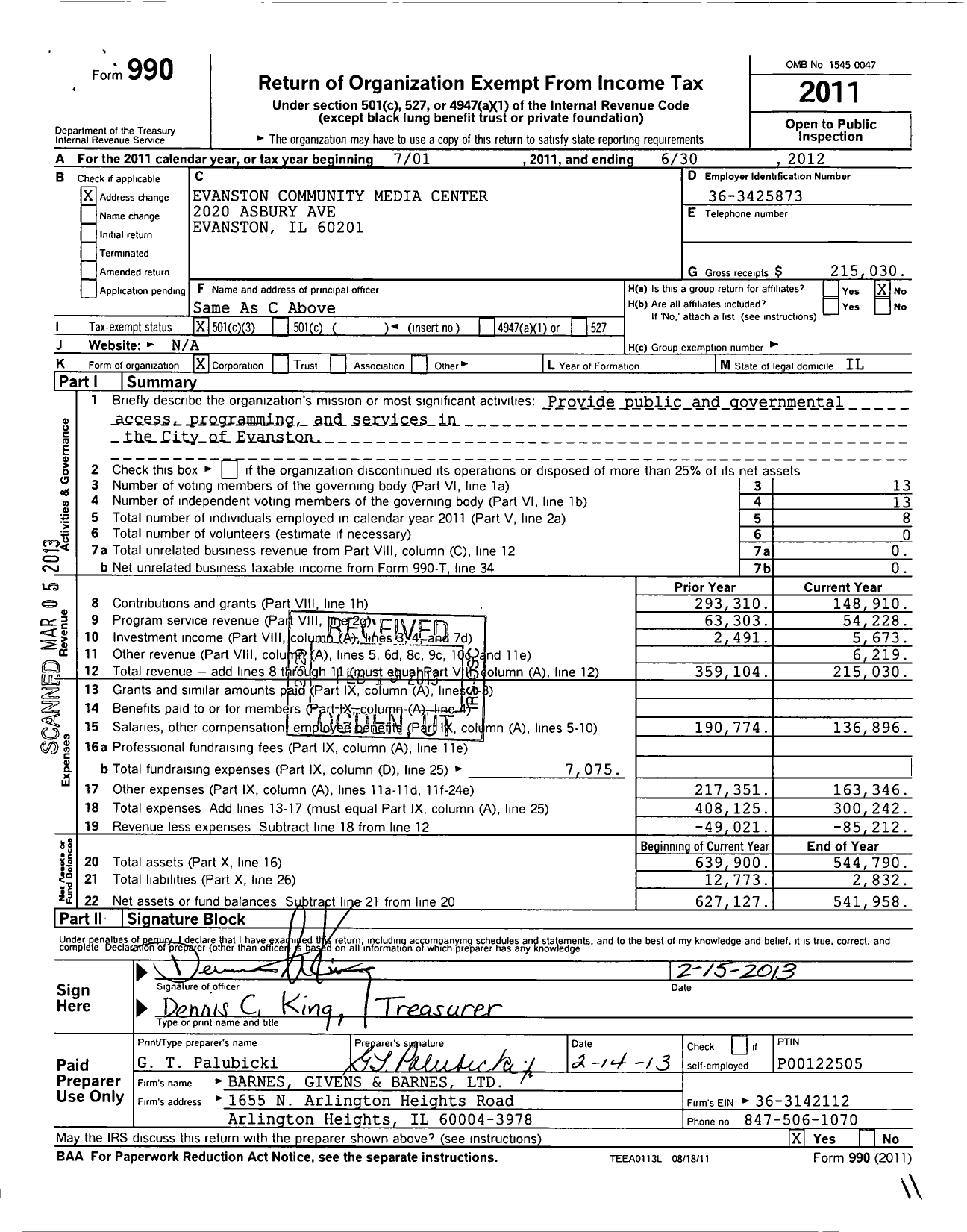 Image of first page of 2011 Form 990 for Evanston Community Television Corporation