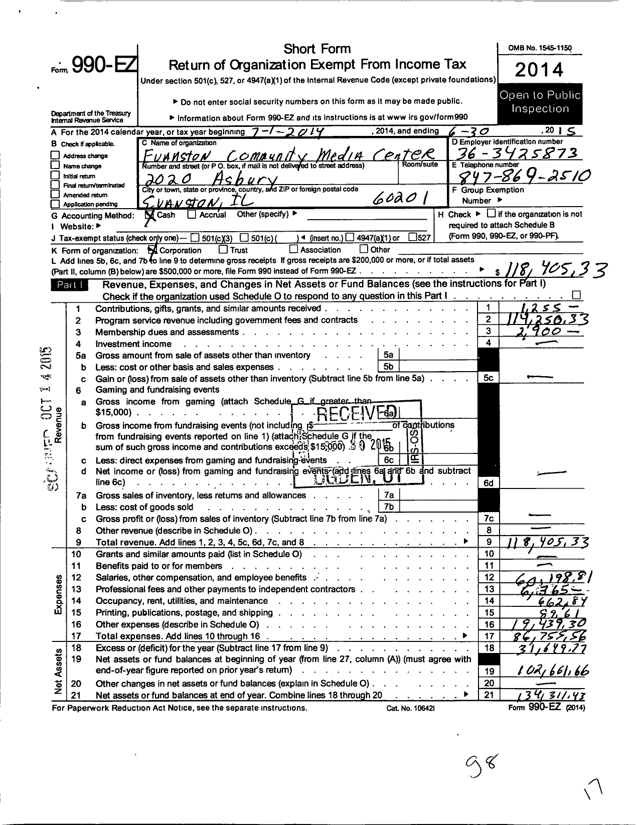 Image of first page of 2014 Form 990EO for Evanston Community Television Corporation