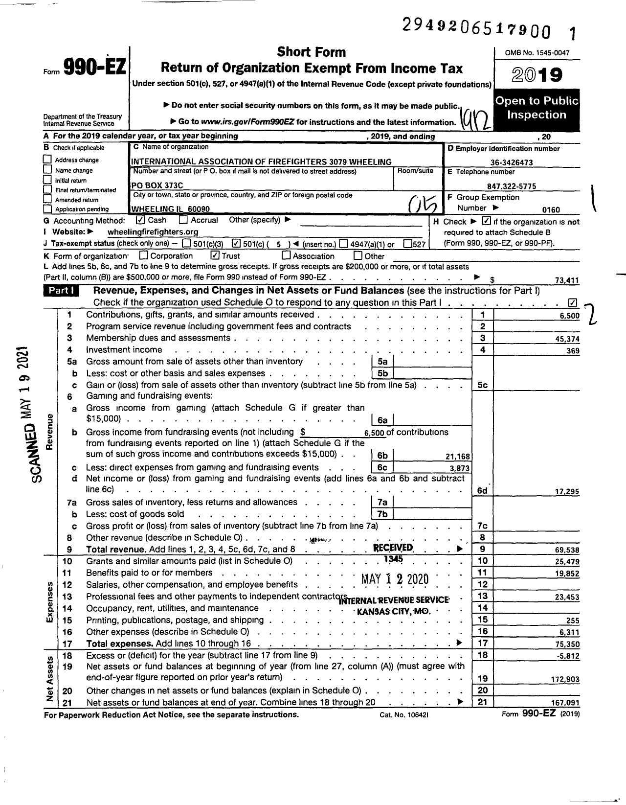 Image of first page of 2019 Form 990EO for International Association of Fire Fighters - L3079 Wheeling