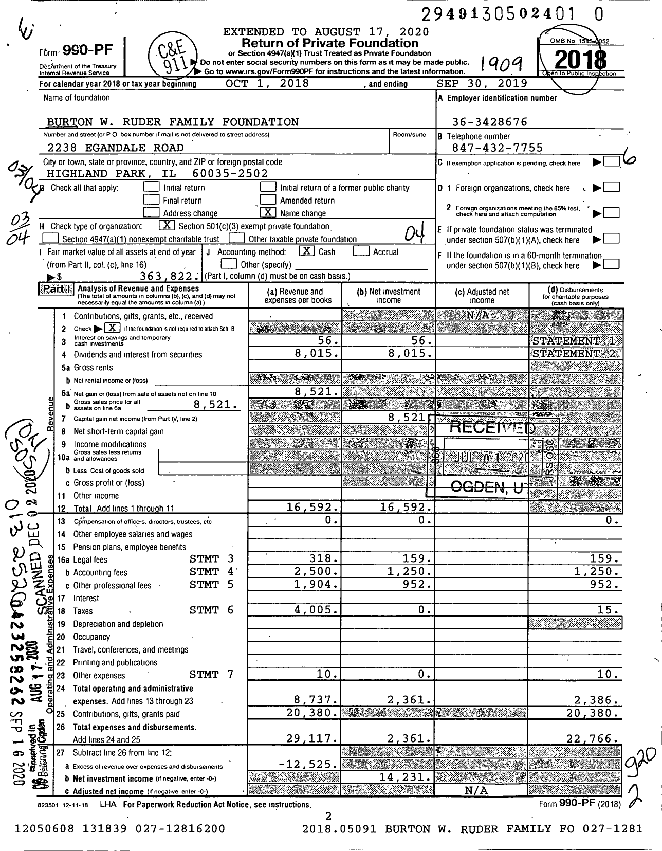 Image of first page of 2018 Form 990PF for Burton W Ruder Family Foundation