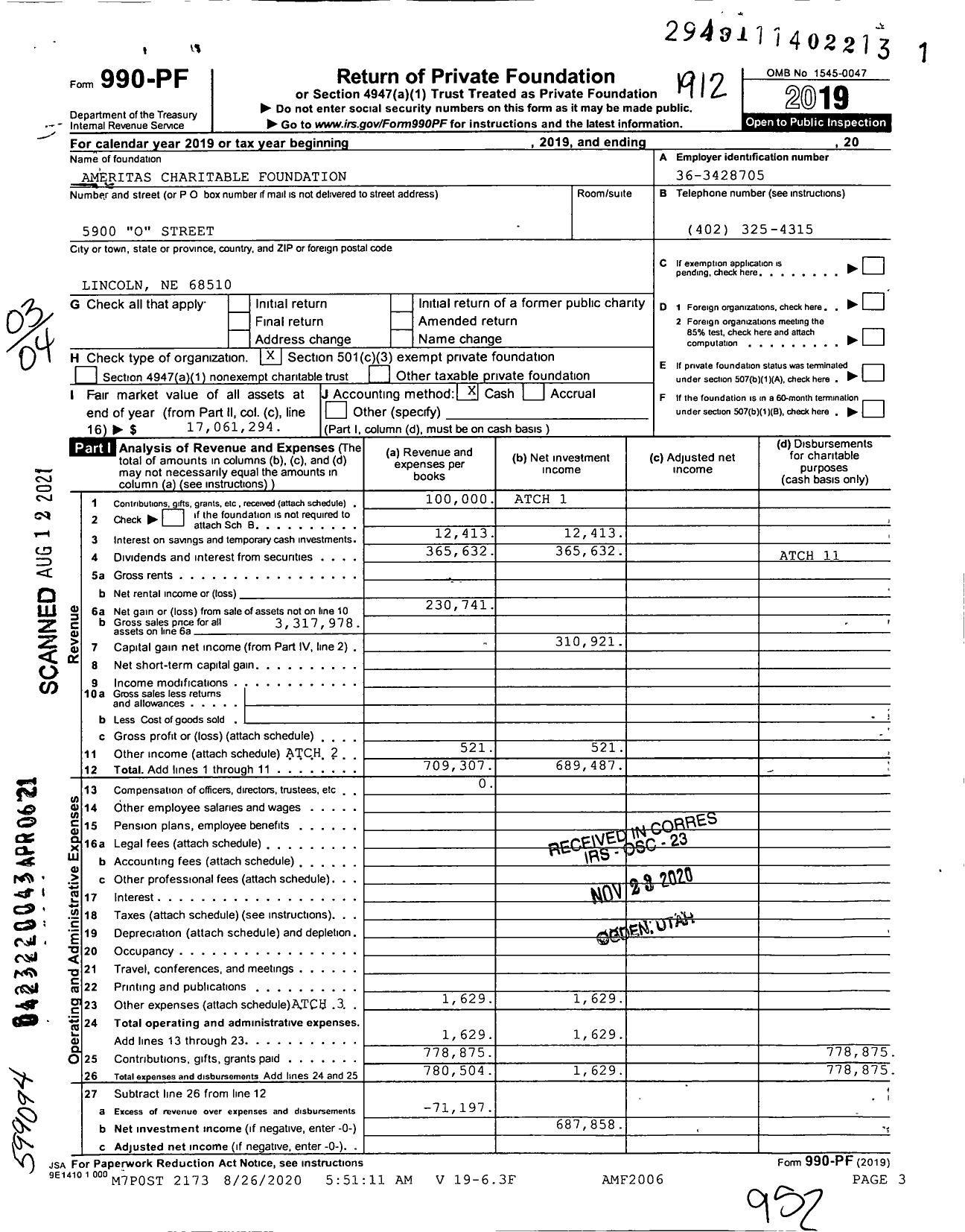 Image of first page of 2019 Form 990PF for Ameritas Charitable Foundation