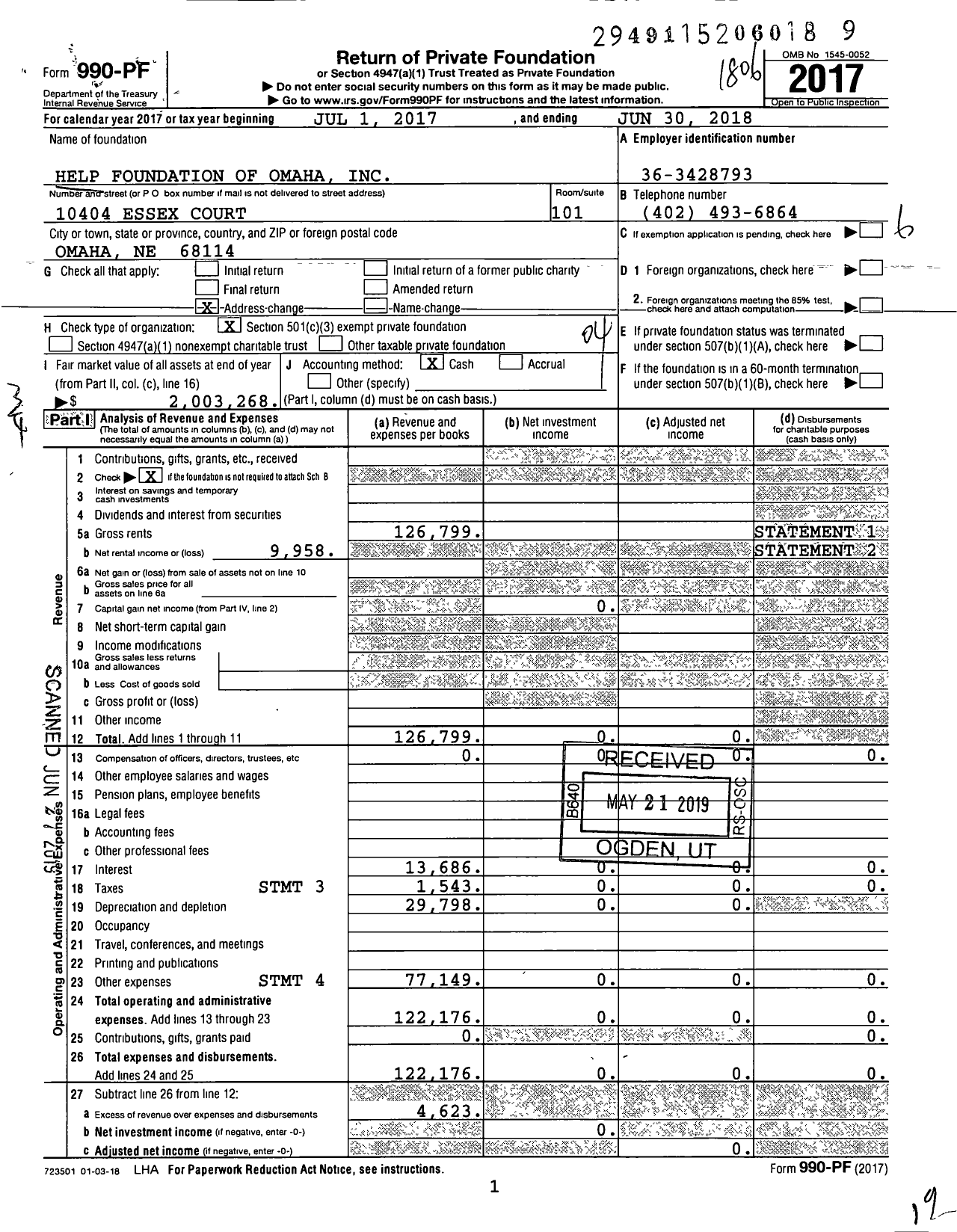 Image of first page of 2017 Form 990PF for Help Foundation of Omaha