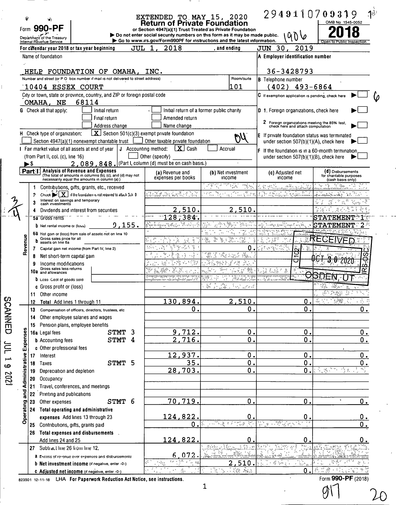 Image of first page of 2018 Form 990PF for Help Foundation of Omaha