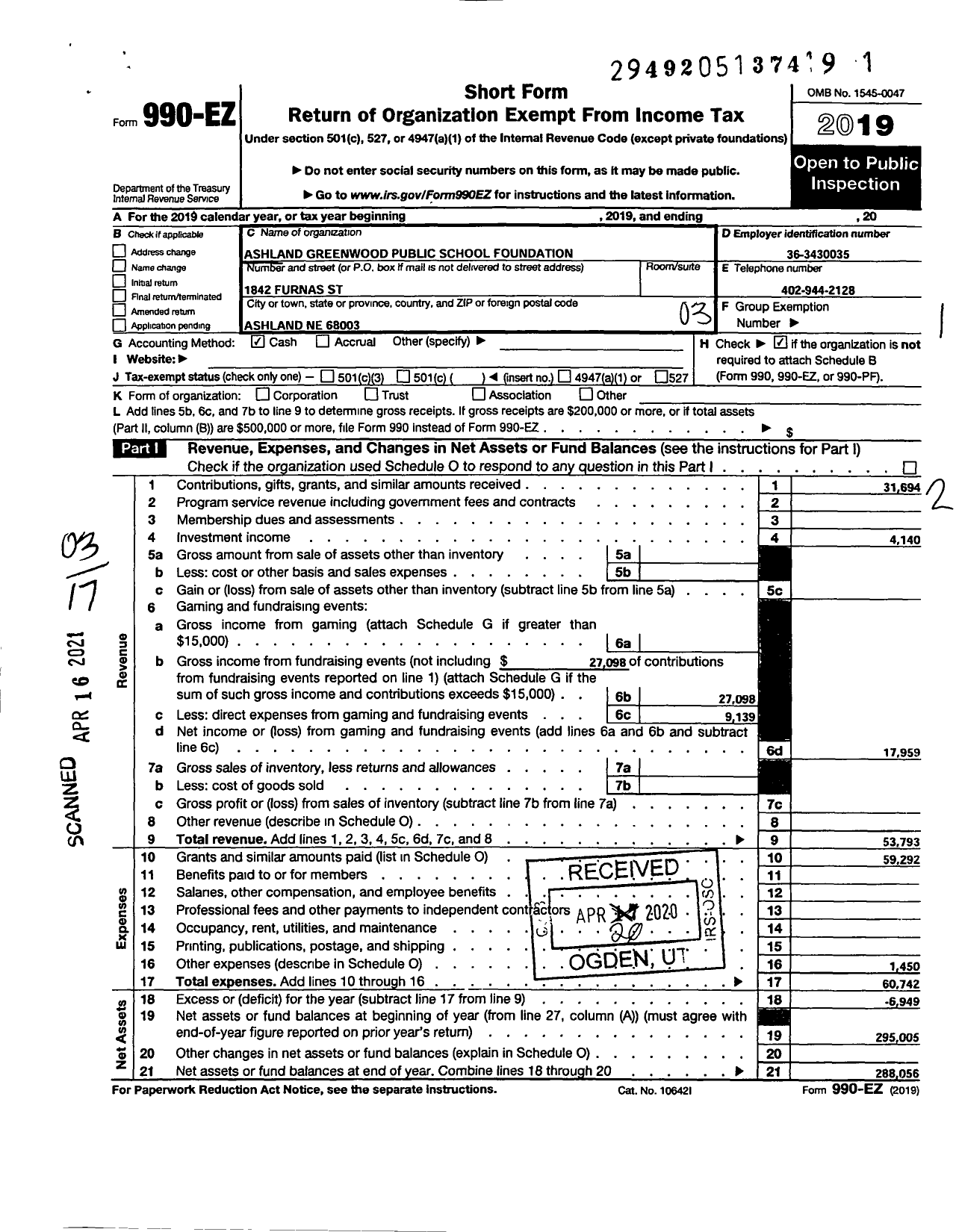 Image of first page of 2019 Form 990EZ for Ashland Greenwood Public Schools Foundation