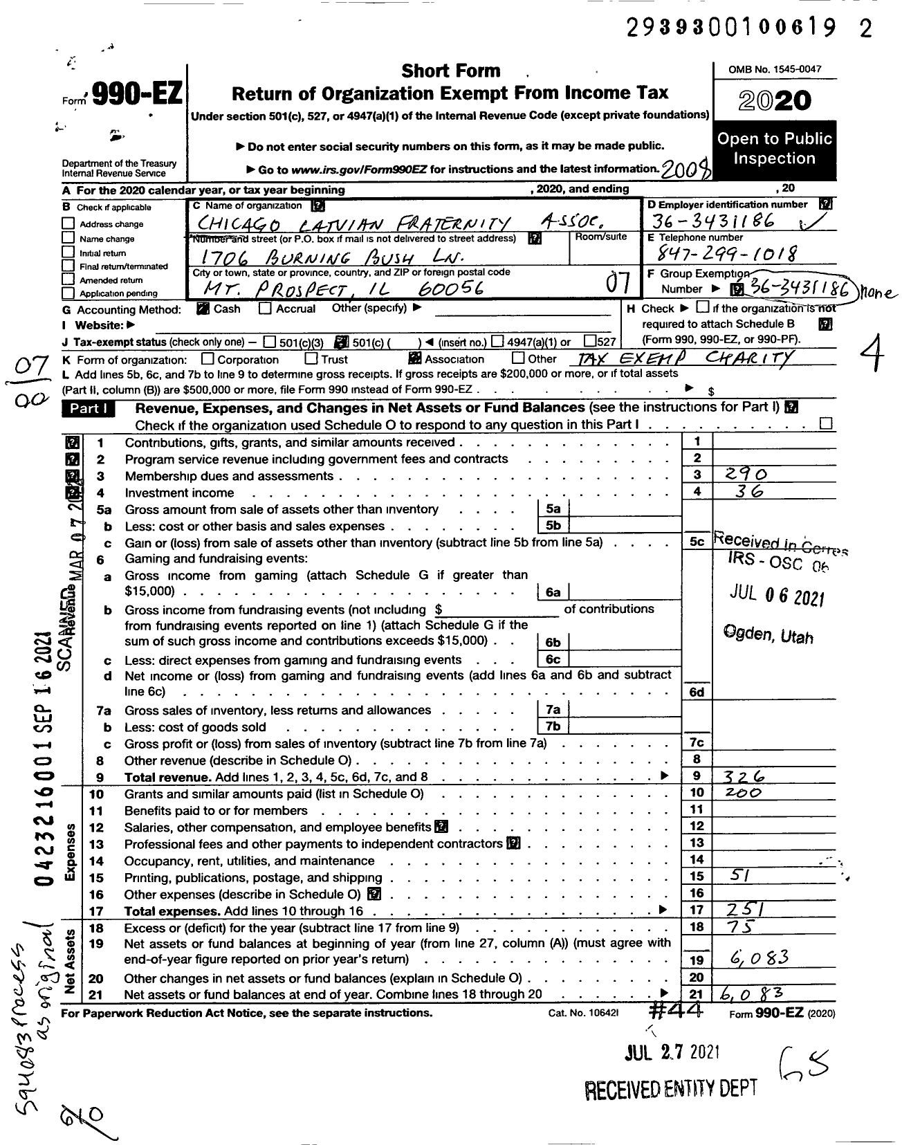 Image of first page of 2019 Form 990EO for Chicago Latvian Fraternity Association