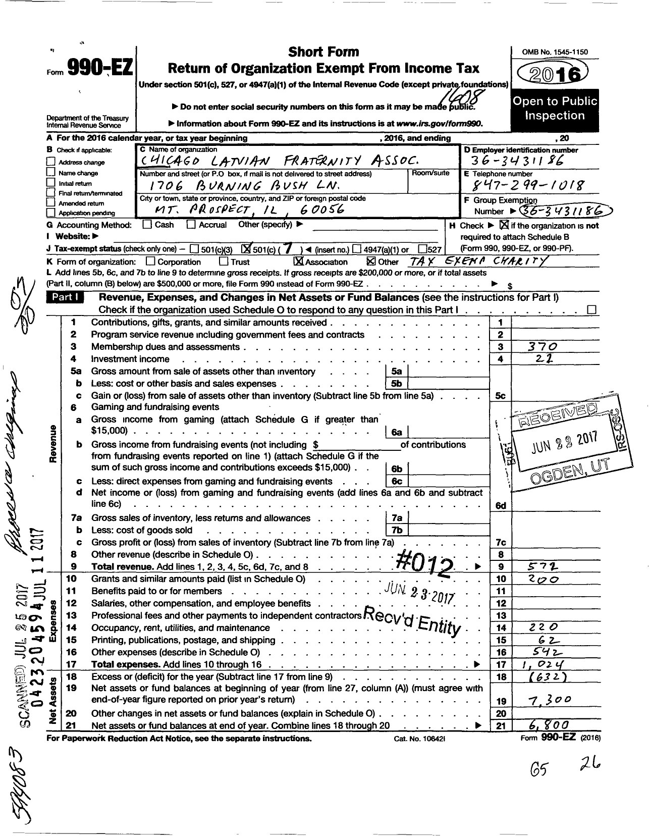 Image of first page of 2015 Form 990EO for Chicago Latvian Fraternity Association