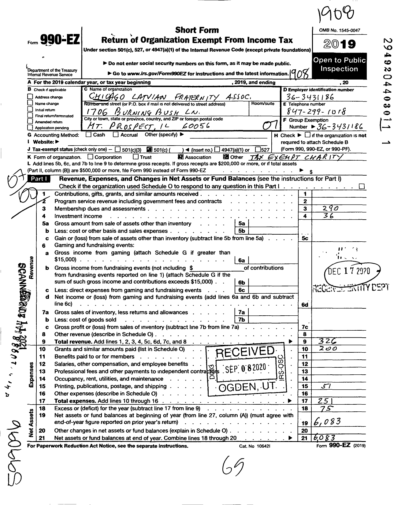 Image of first page of 2018 Form 990EO for Chicago Latvian Fraternity Association