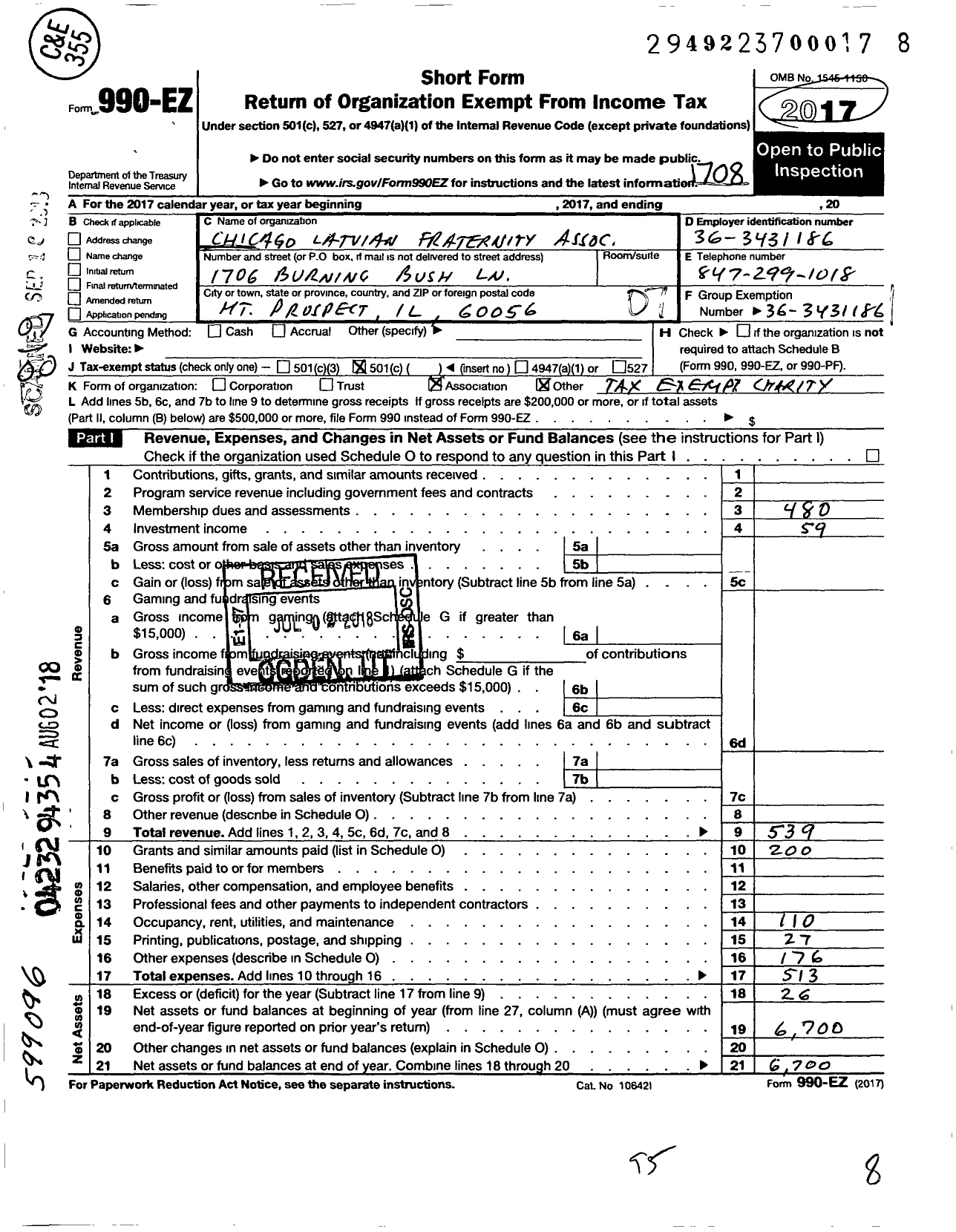 Image of first page of 2016 Form 990EO for Chicago Latvian Fraternity Association