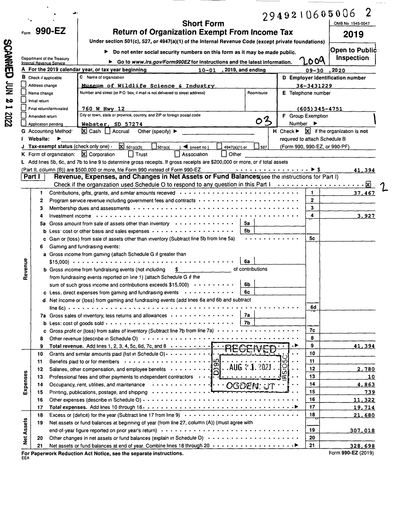 Image of first page of 2019 Form 990EZ for Museum of Wildlife Science & Industry