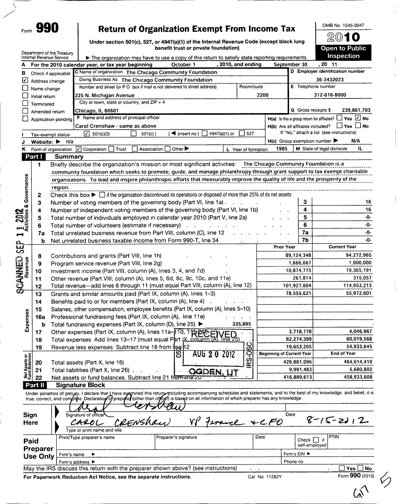 Image of first page of 2010 Form 990 for Chicago Community Foundation