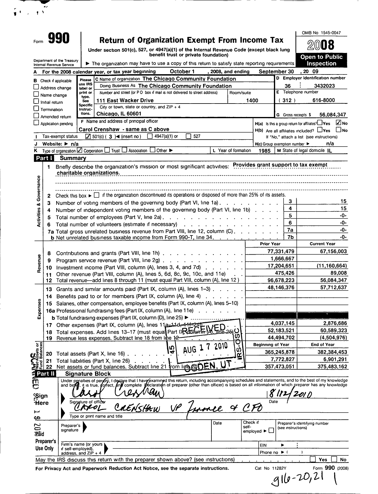 Image of first page of 2008 Form 990 for Chicago Community Foundation