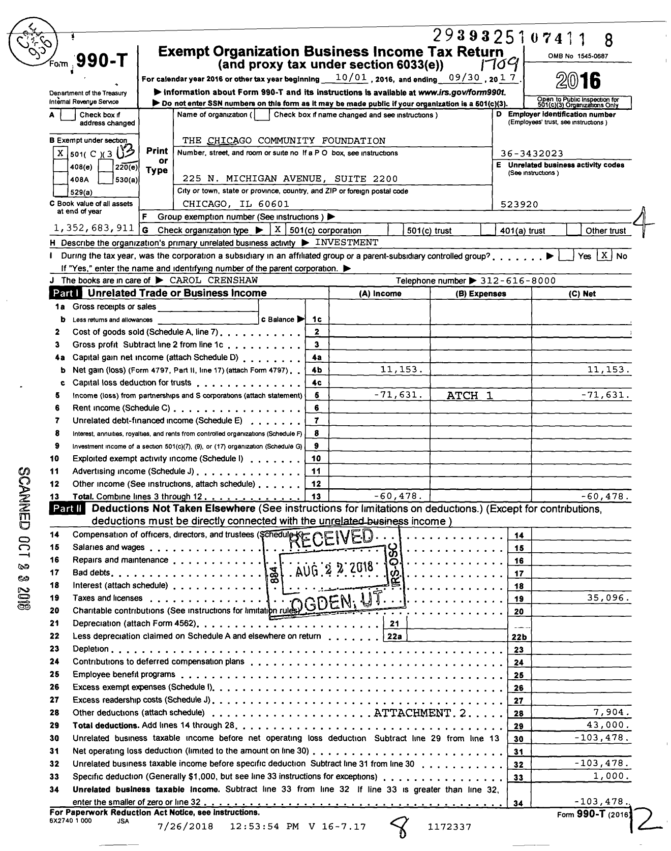 Image of first page of 2016 Form 990T for Chicago Community Foundation