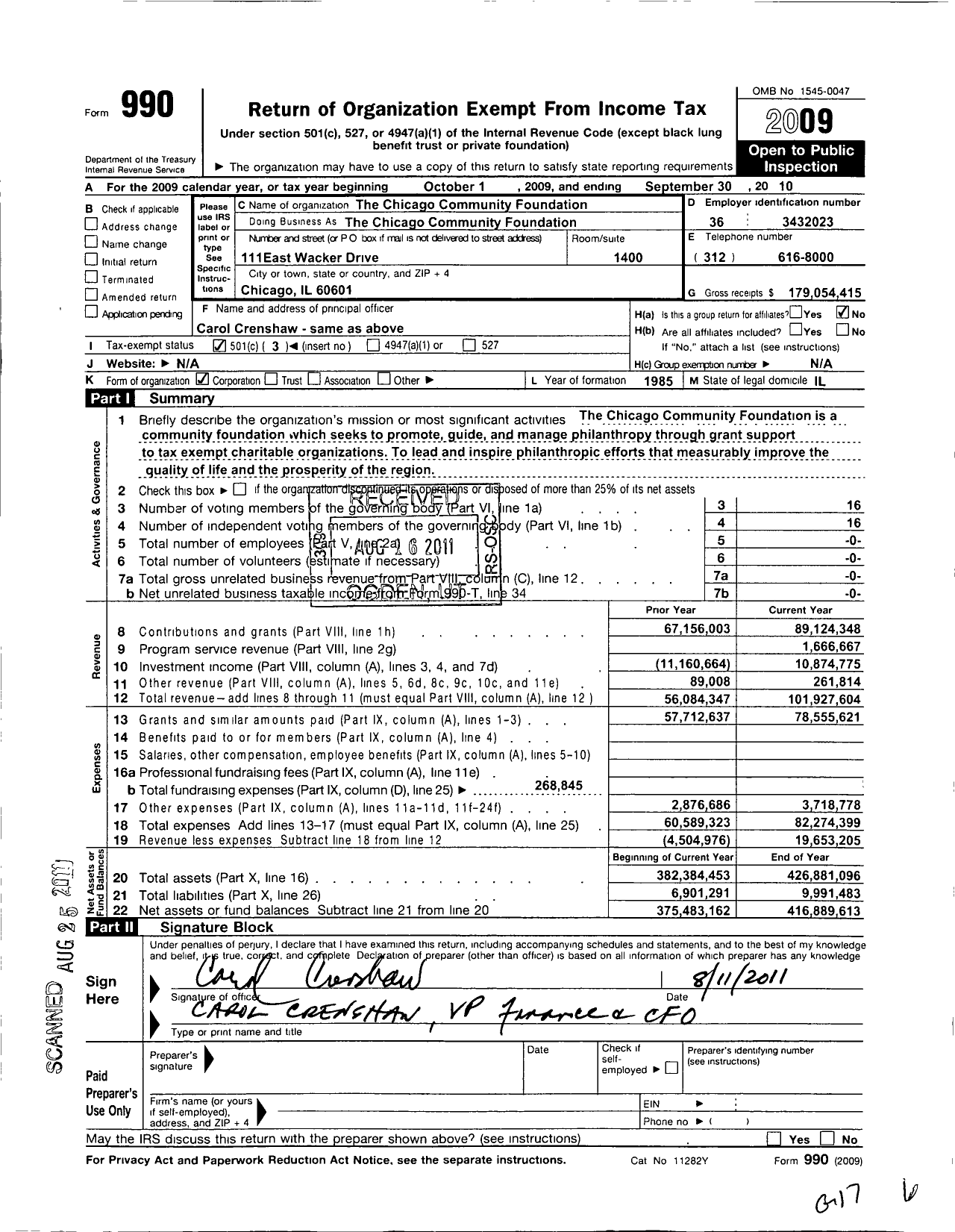 Image of first page of 2009 Form 990 for Chicago Community Foundation