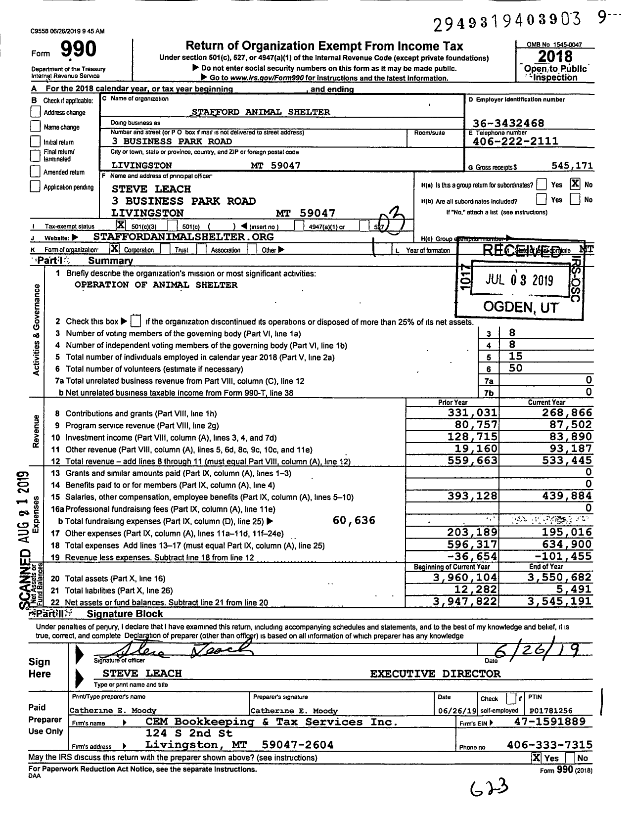 Image of first page of 2018 Form 990 for Stafford Animal Shelter