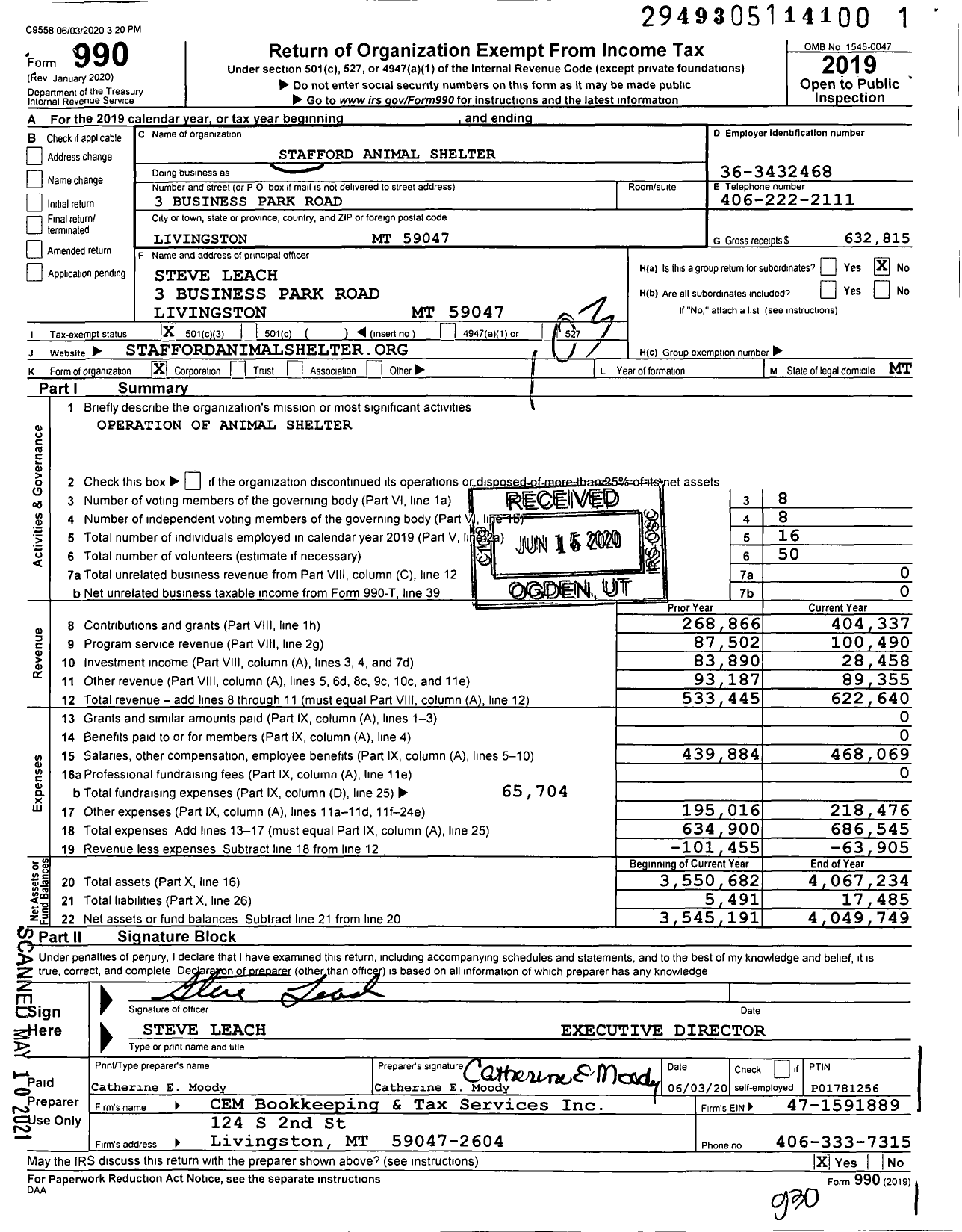 Image of first page of 2019 Form 990 for Stafford Animal Shelter