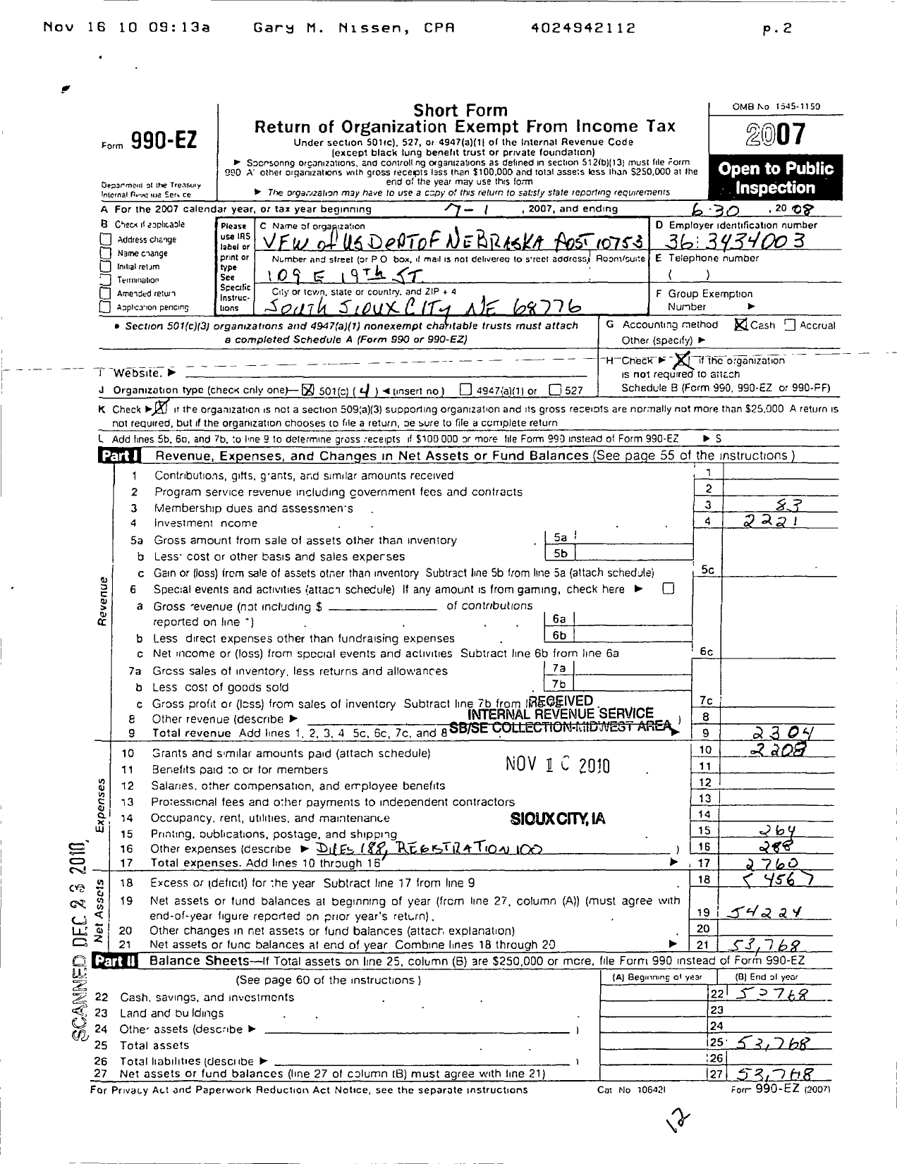 Image of first page of 2007 Form 990EO for Veterans of Foreign Wars of the United States Dept of Nebraska - 10753 Post