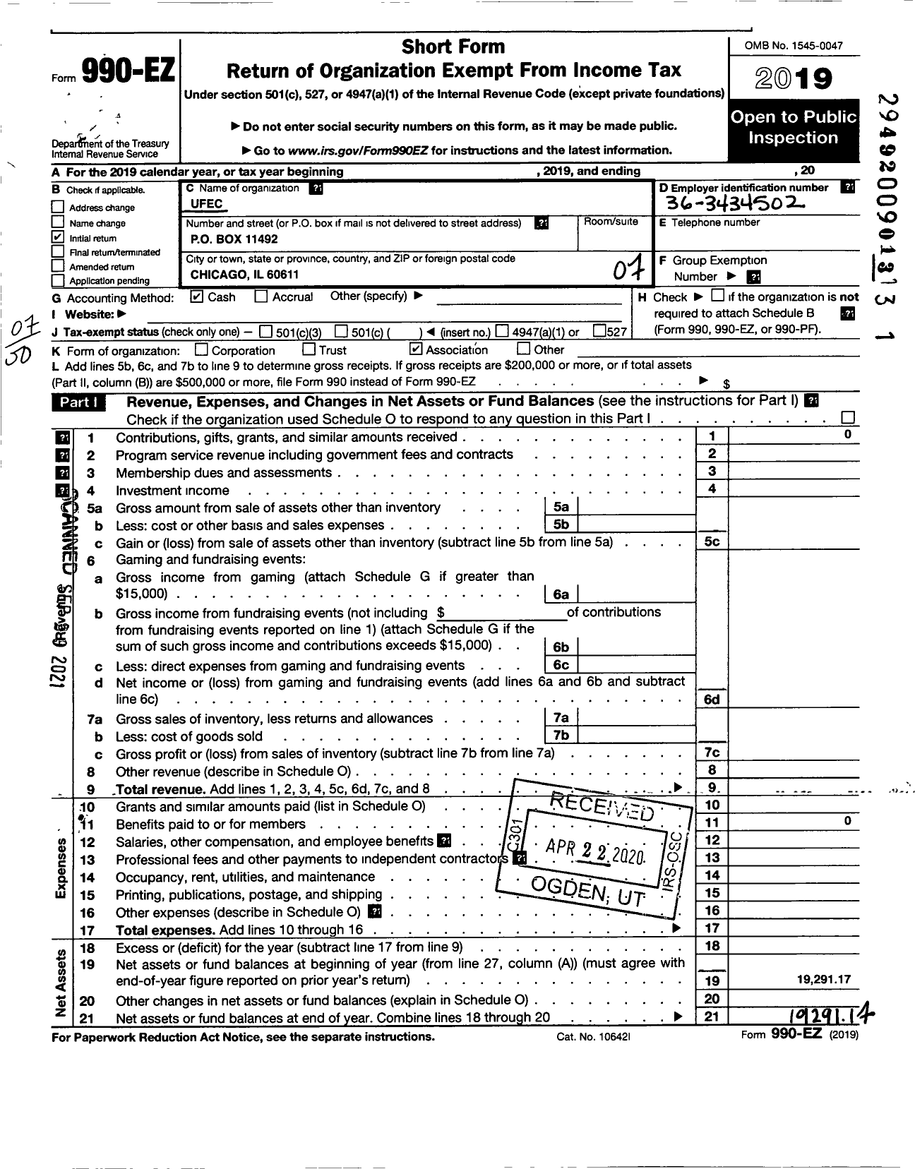 Image of first page of 2019 Form 990EO for U F E C (Union Des Francais De Letranger -)