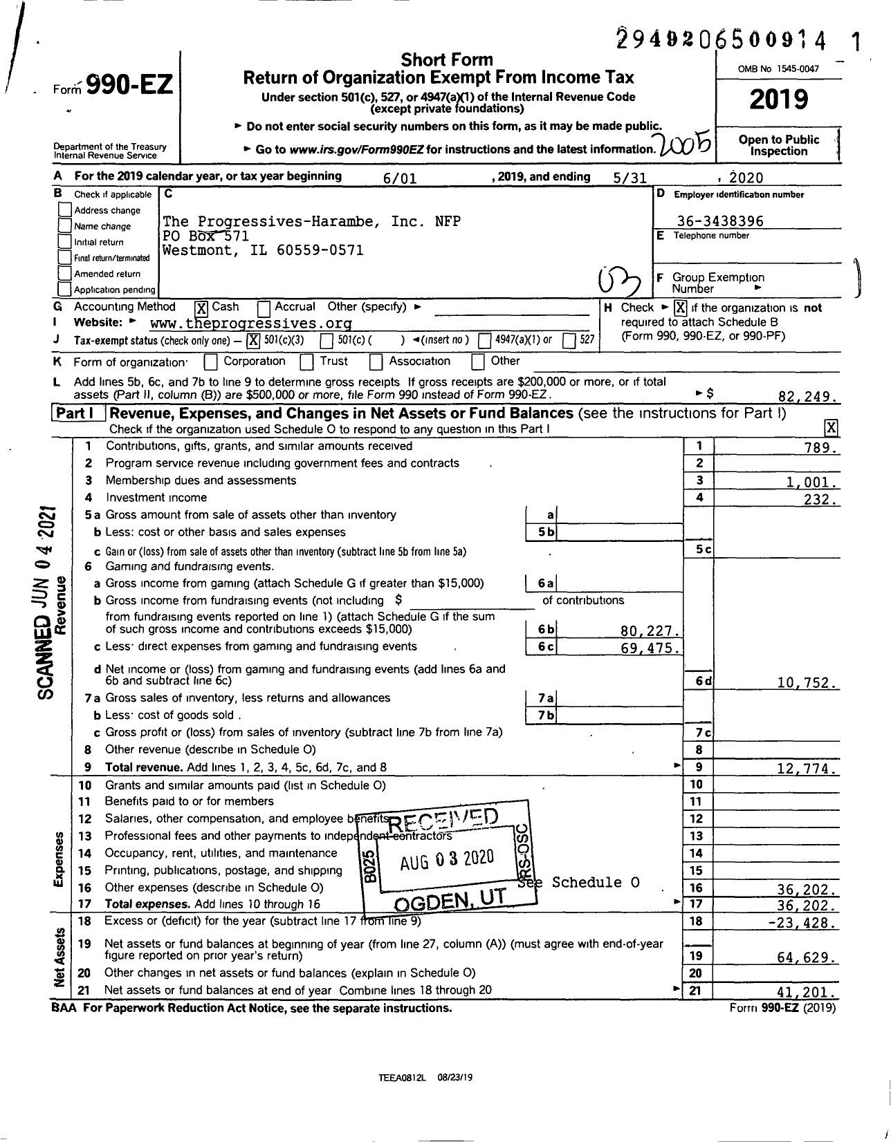 Image of first page of 2019 Form 990EZ for The Progressives-Harambe NFP