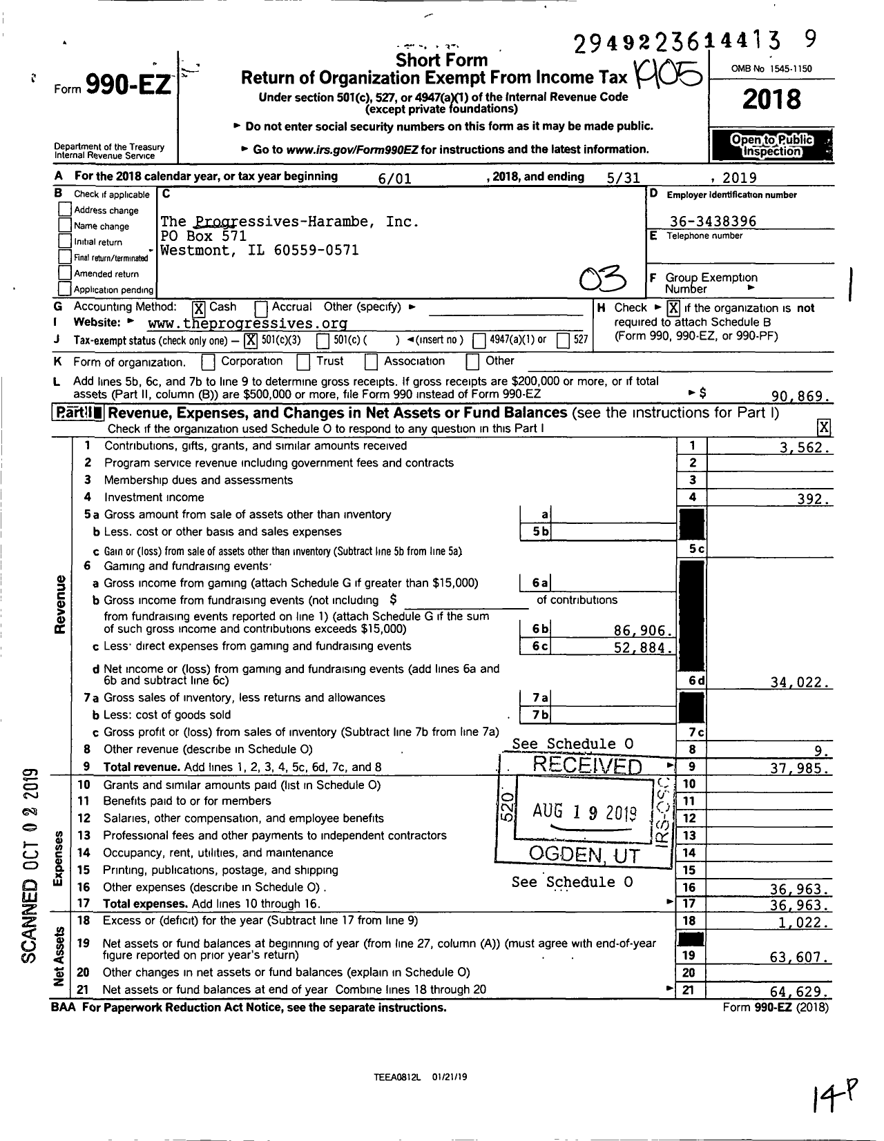Image of first page of 2018 Form 990EZ for The Progressives-Harambe NFP