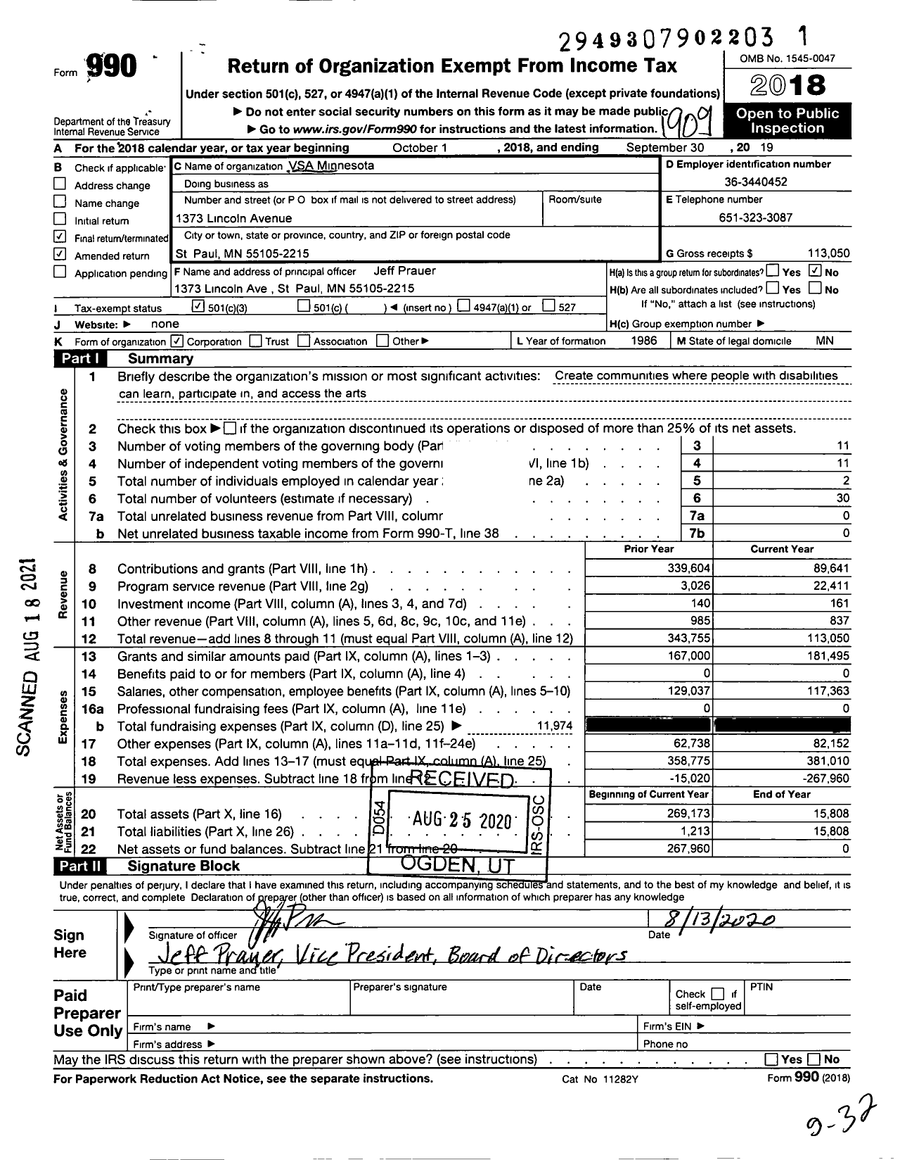 Image of first page of 2018 Form 990 for Vsa Minnesota