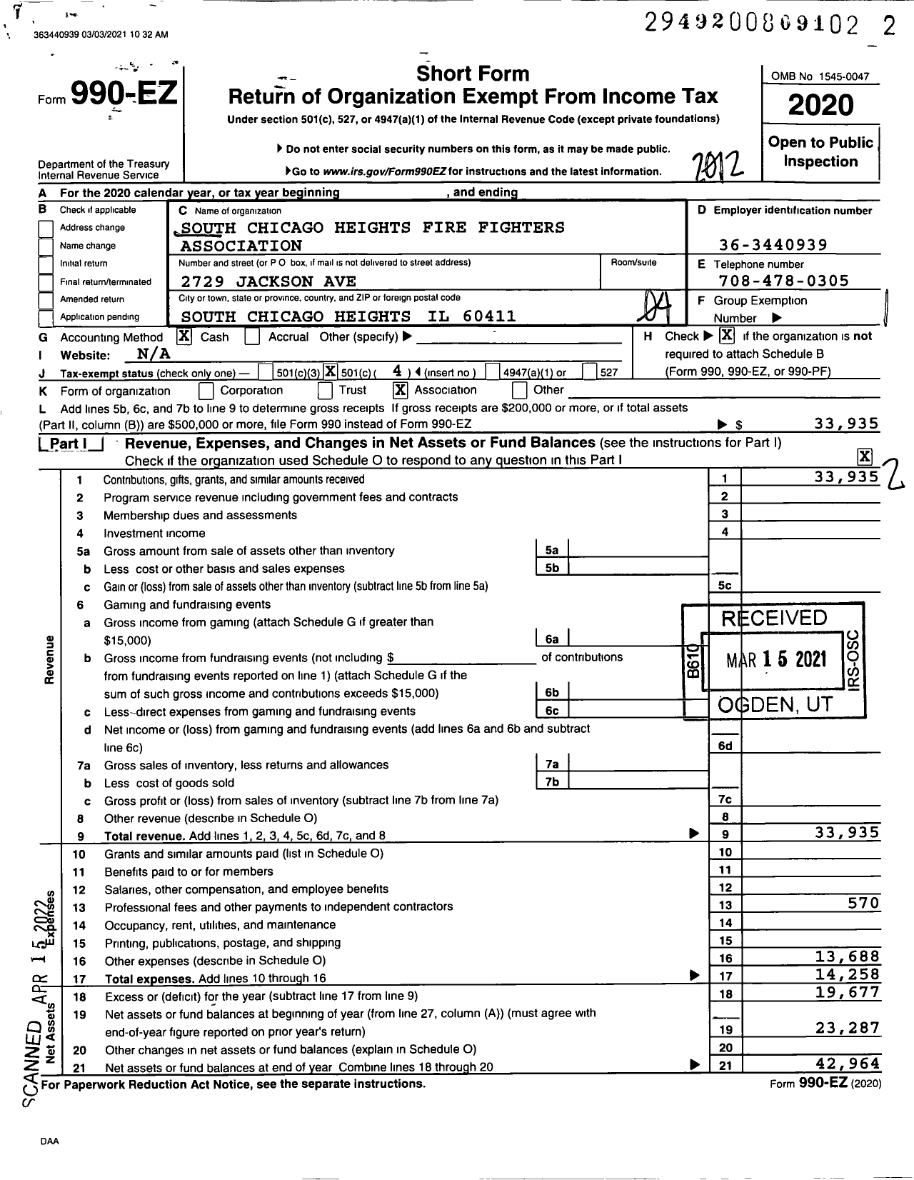 Image of first page of 2020 Form 990EO for South Chicago Heights Fire Fighters Association