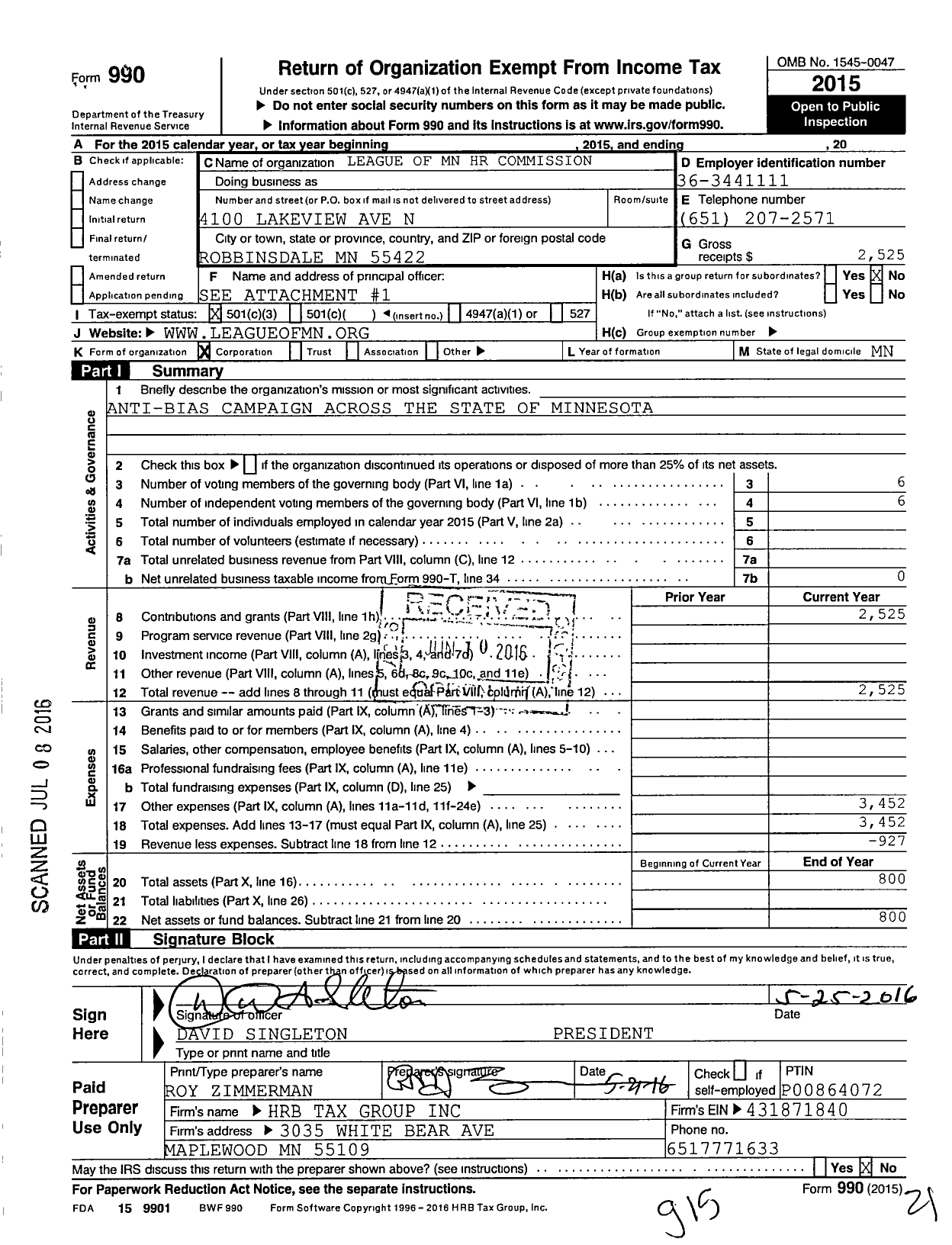 Image of first page of 2015 Form 990 for League of Minnesota Human Rights Commissions