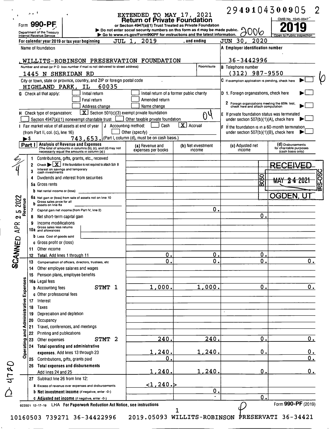 Image of first page of 2019 Form 990PF for Willits-Robinson Preservation Foundation