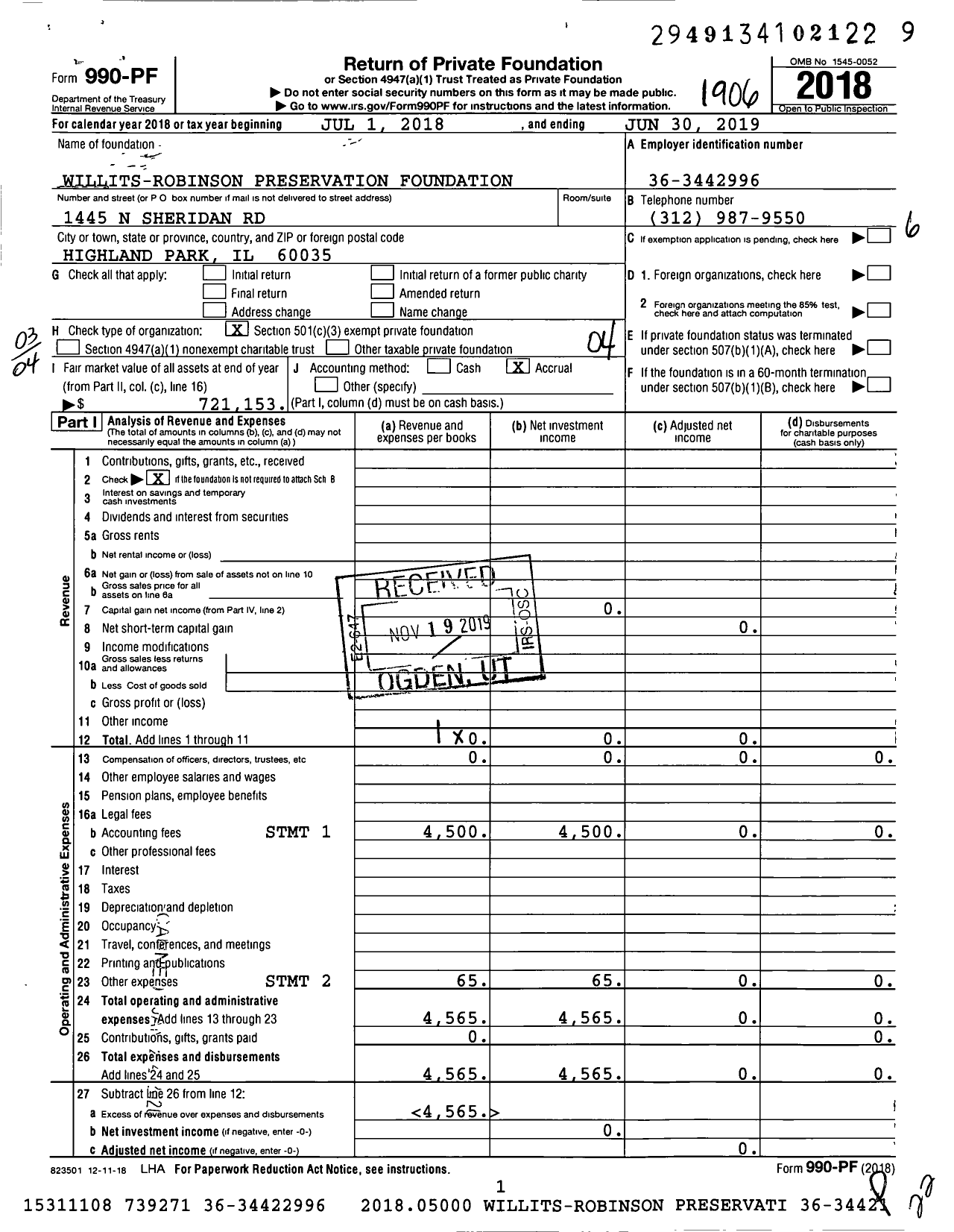 Image of first page of 2018 Form 990PF for Willits-Robinson Preservation Foundation