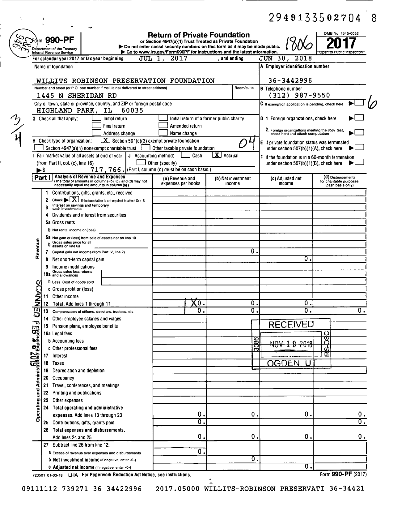 Image of first page of 2017 Form 990PF for Willits-Robinson Preservation Foundation