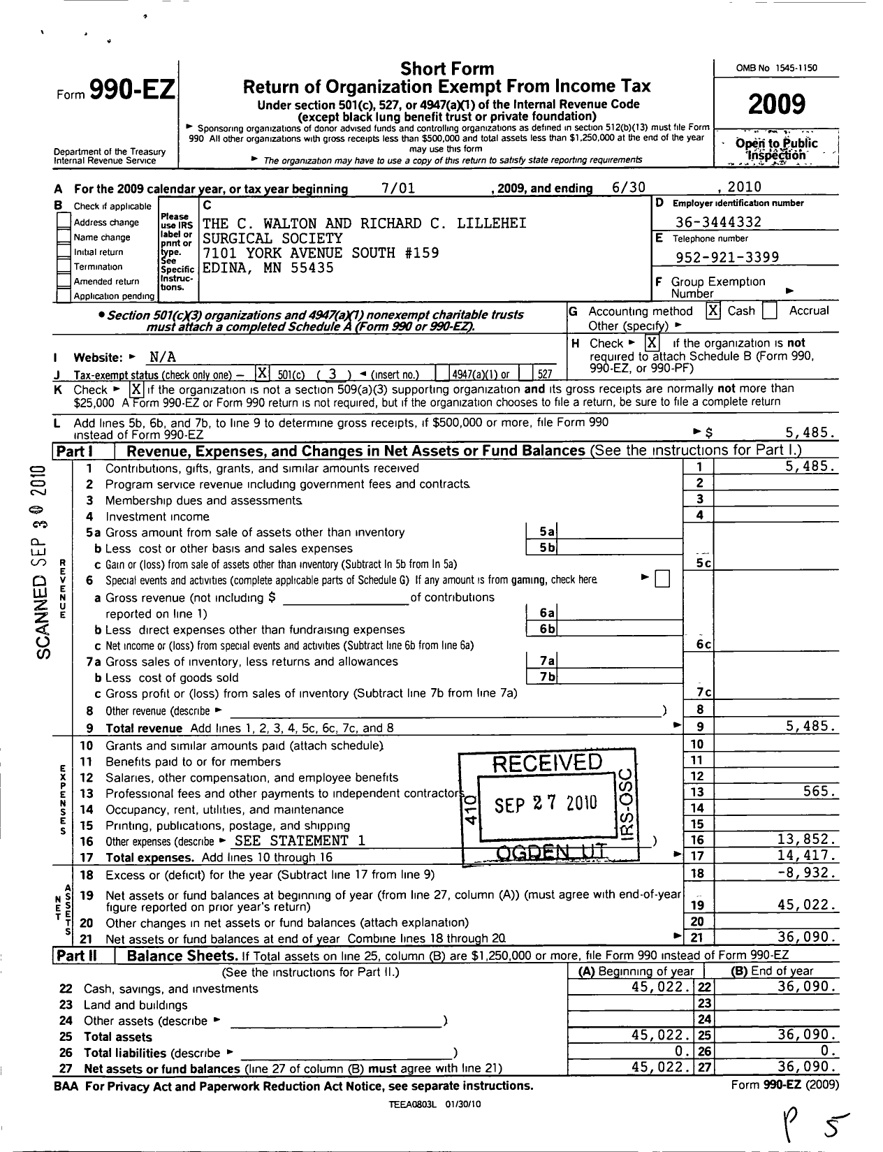 Image of first page of 2009 Form 990EZ for The C Walton and Richard C Lillehei Surgical Society