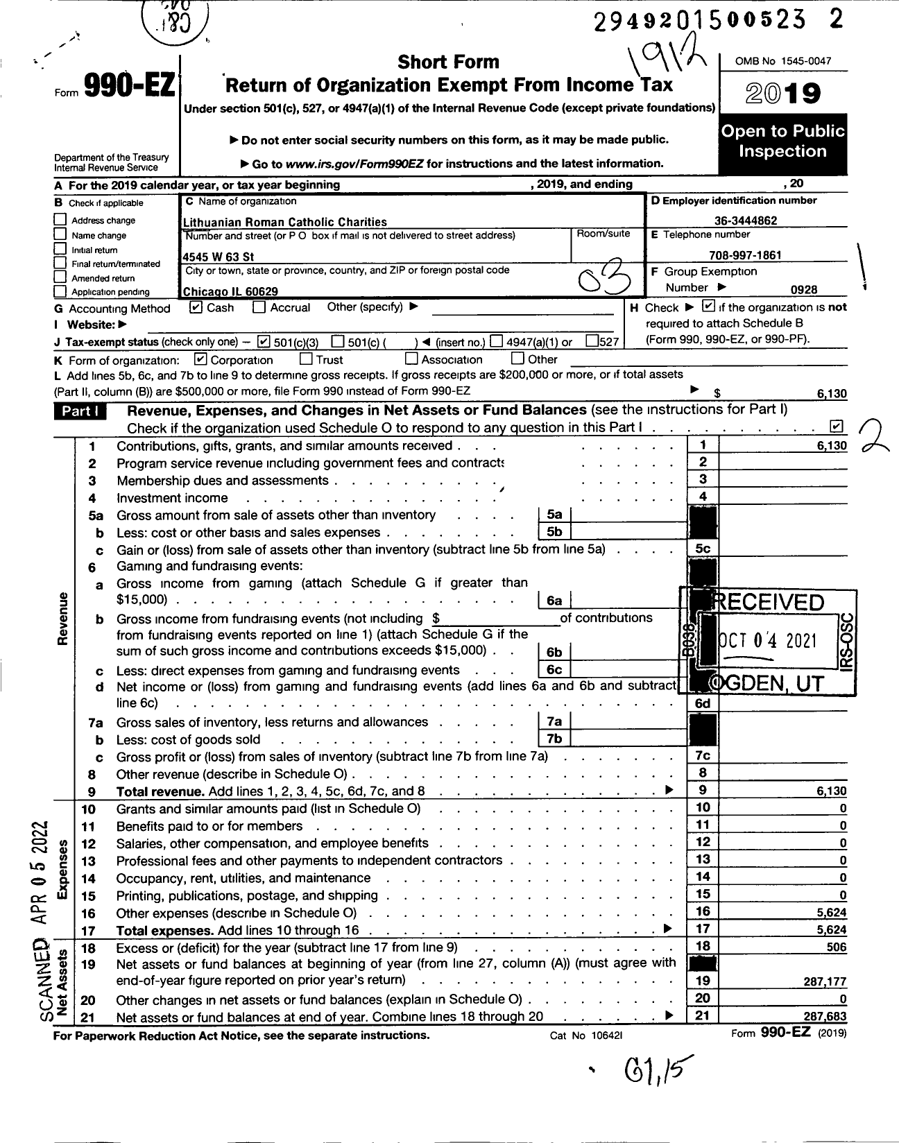 Image of first page of 2019 Form 990EZ for Lithuanian Roman Catholic Charities