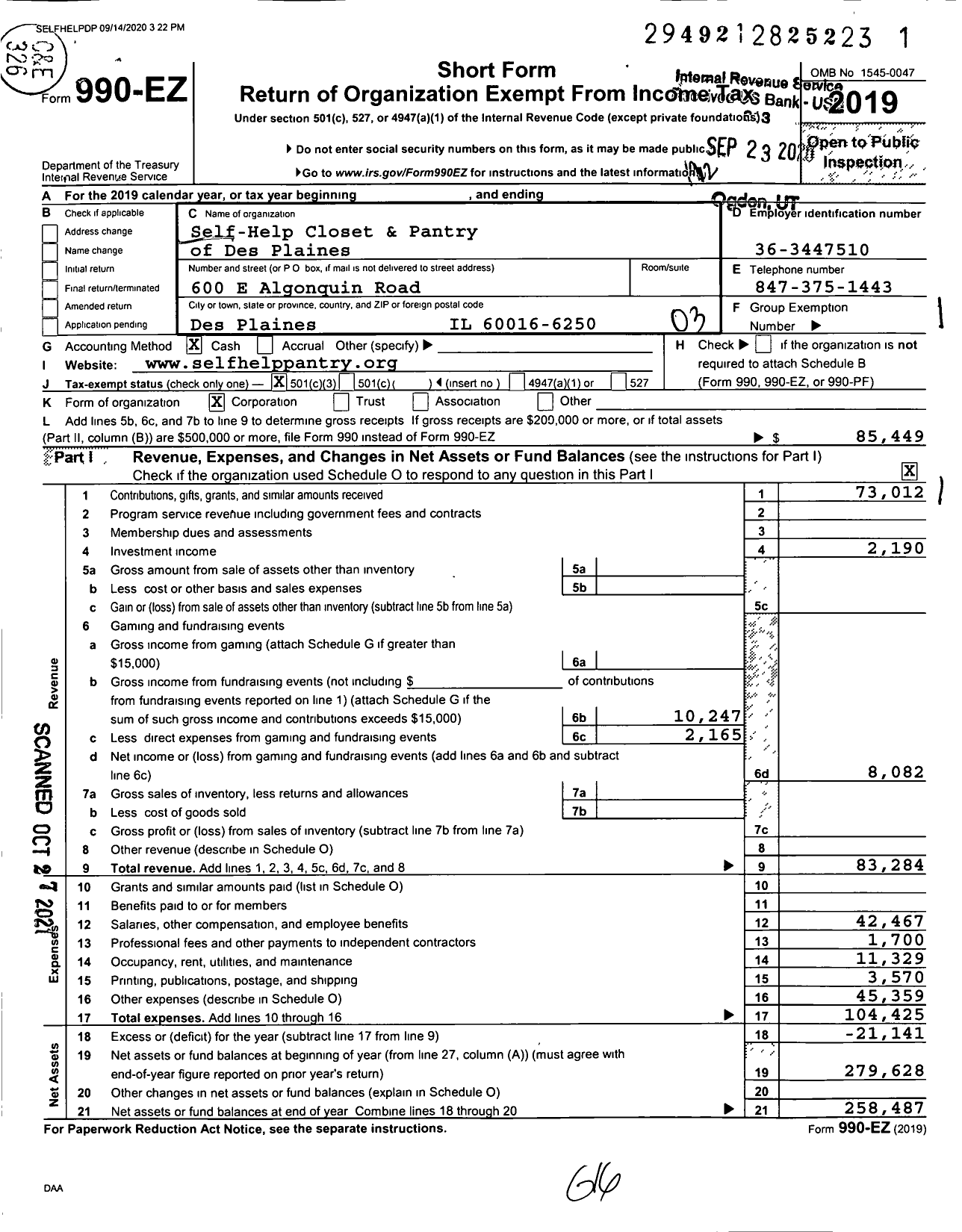 Image of first page of 2019 Form 990EZ for Self-Help Closet and Pantry of Des Plaines