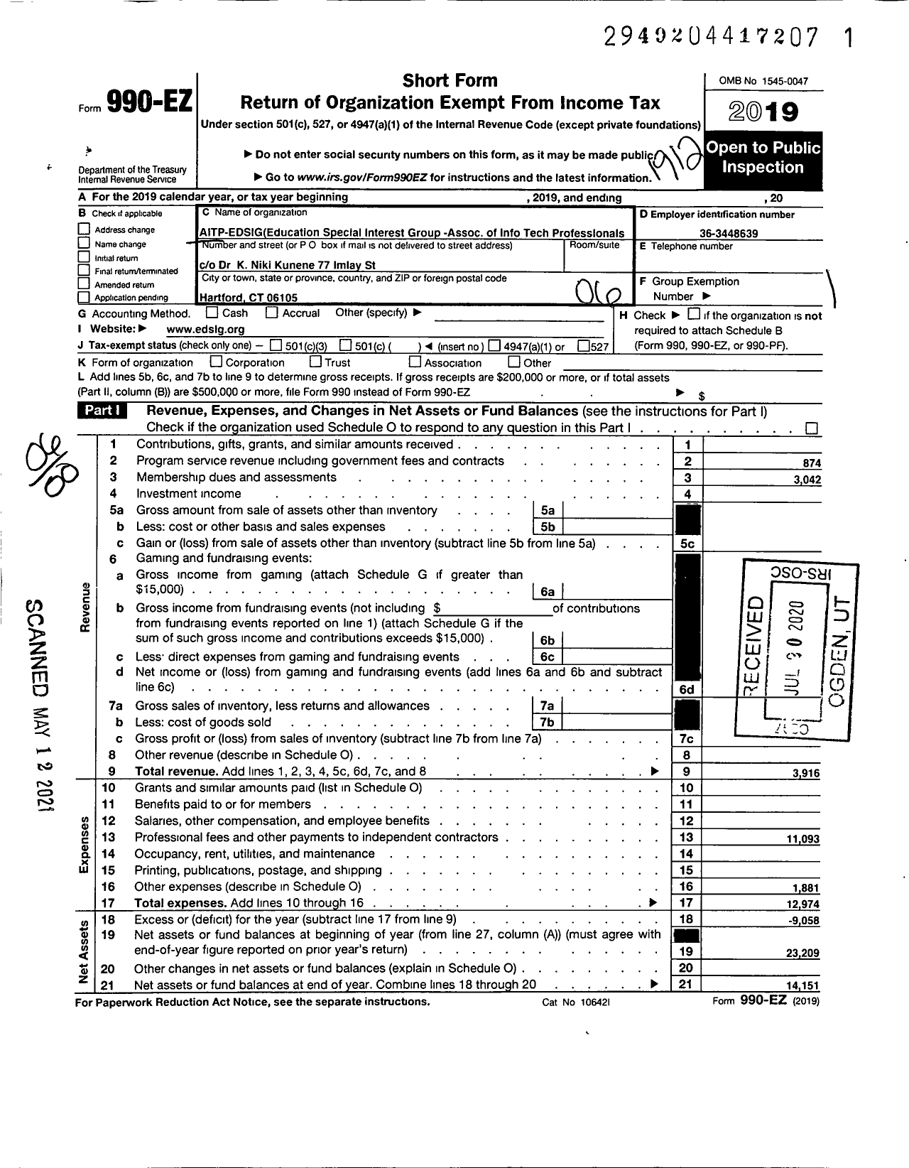 Image of first page of 2019 Form 990EO for Education Special Interest Group - Association of Info Tech Professionals