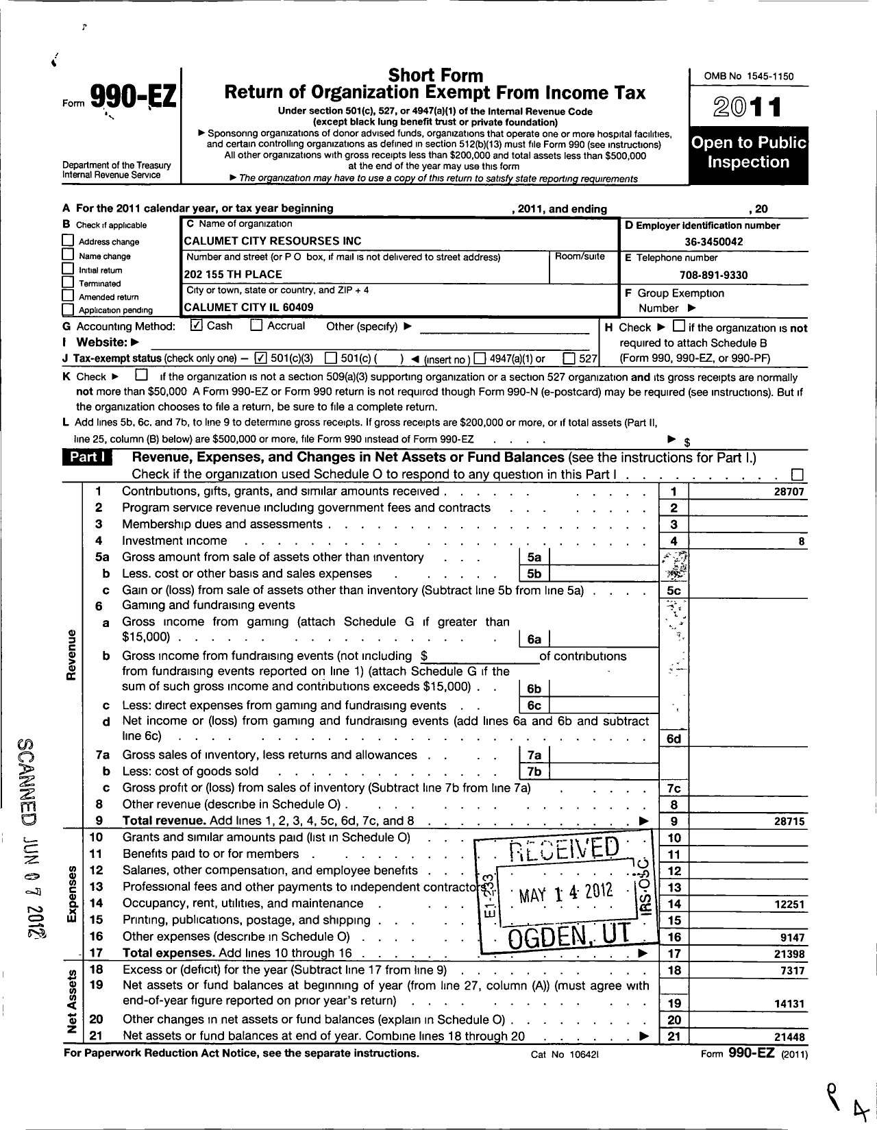 Image of first page of 2011 Form 990EZ for Calumet City Resources