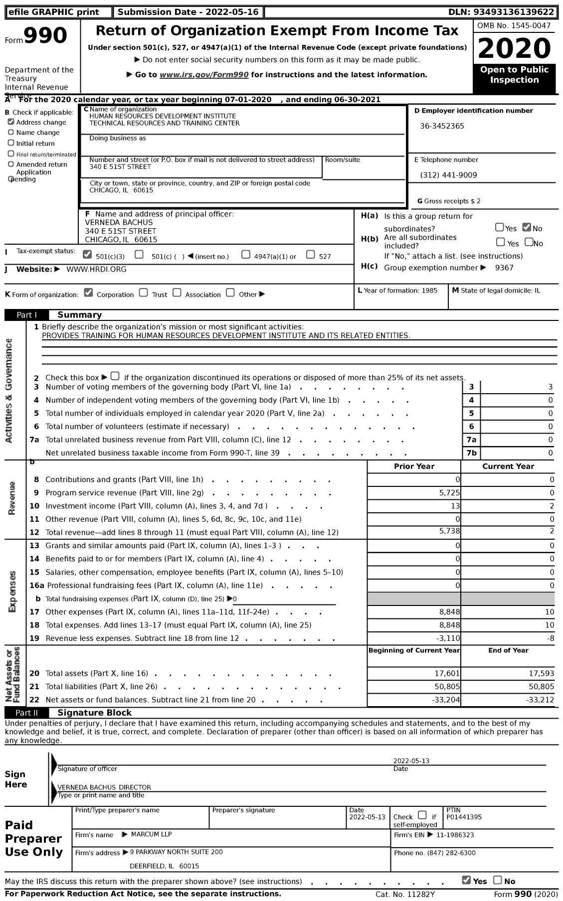 Image of first page of 2020 Form 990 for Human Resources Development Institute Technical Resources and Training Center