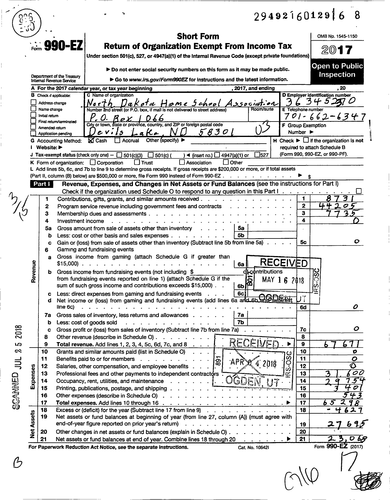 Image of first page of 2017 Form 990EZ for North Dakota Home School Association