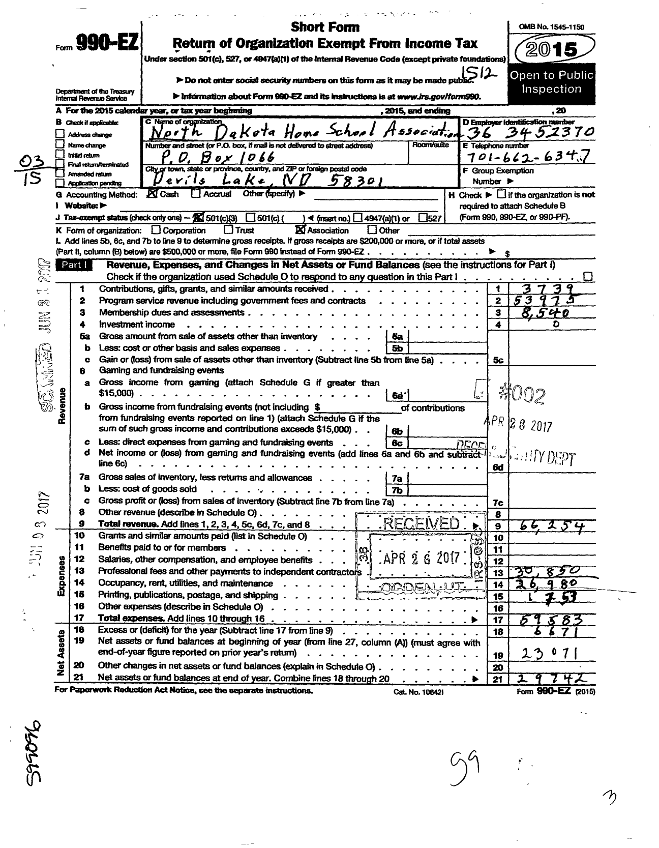 Image of first page of 2015 Form 990EZ for North Dakota Home School Association