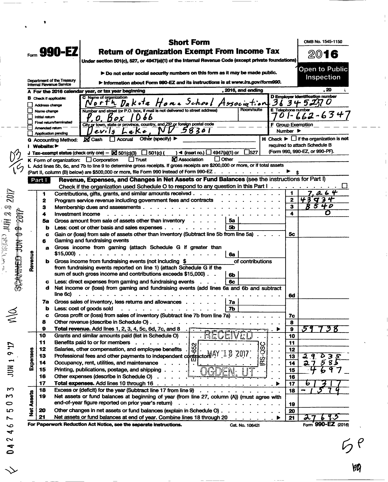 Image of first page of 2016 Form 990EZ for North Dakota Home School Association