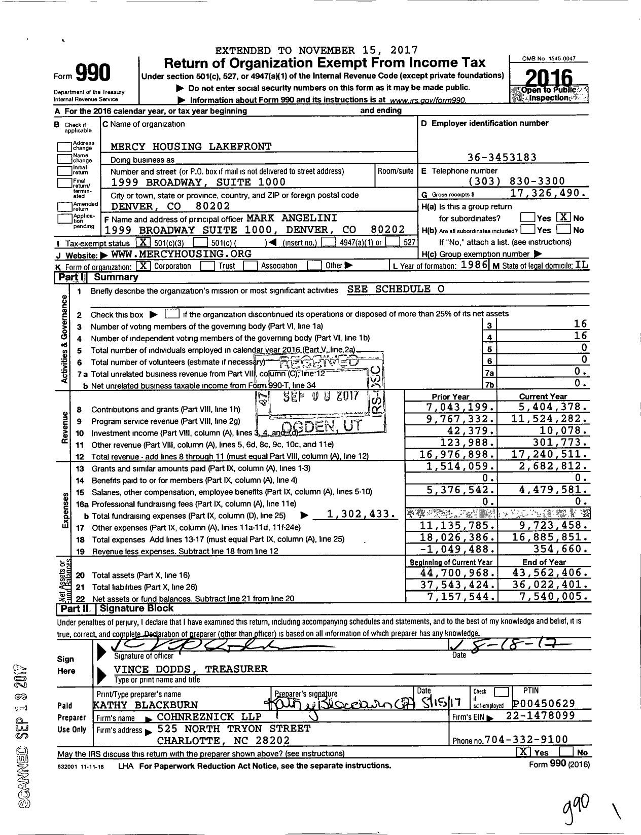 Image of first page of 2016 Form 990 for Mercy Housing Lakefront (MHL)
