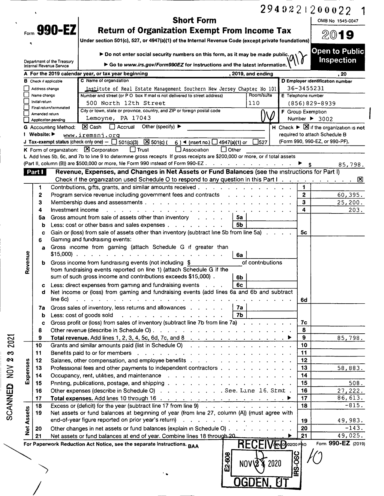 Image of first page of 2019 Form 990EO for Institute of Real Estate Management - 101 Southern New Jersey