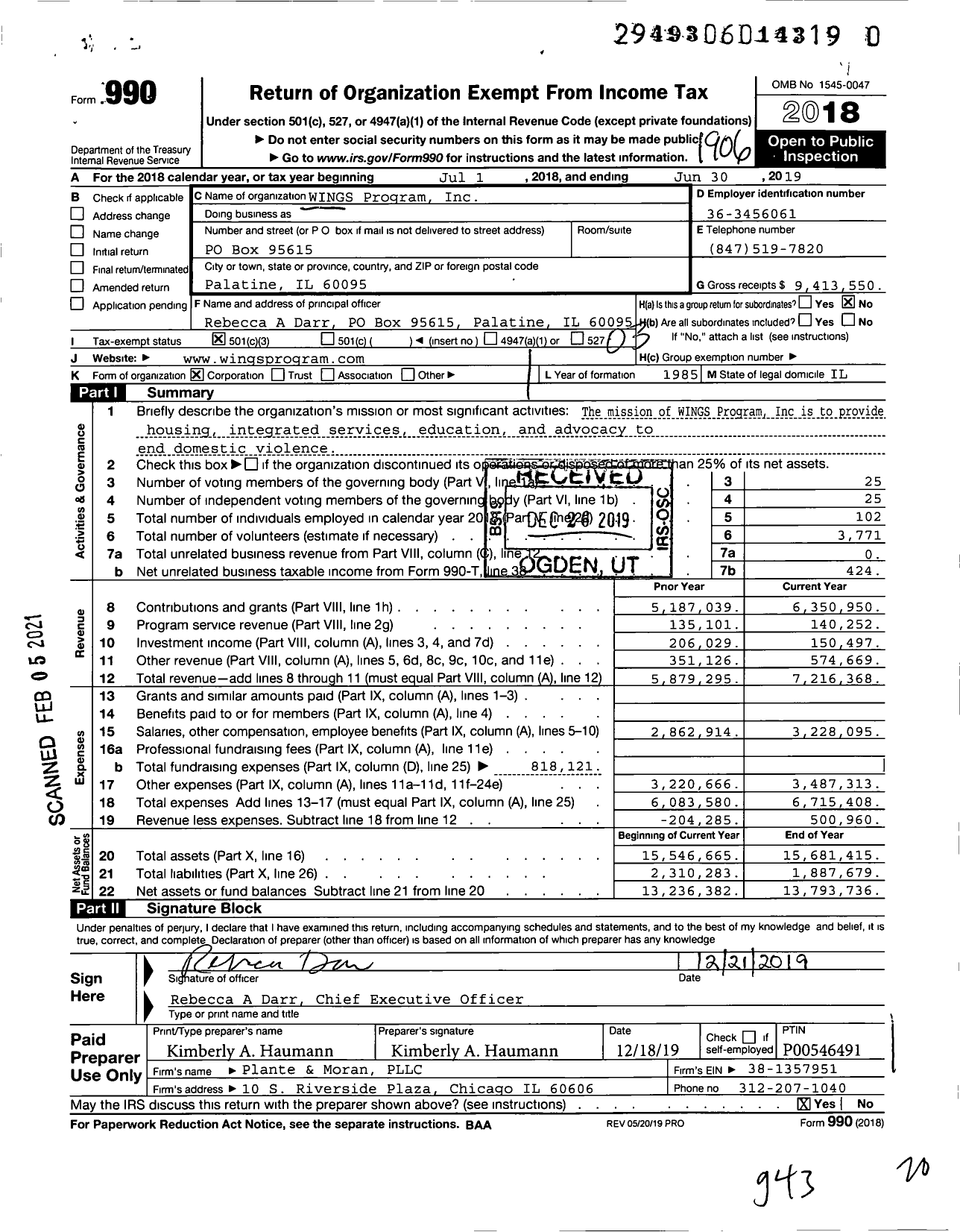 Image of first page of 2018 Form 990 for WINGS Program