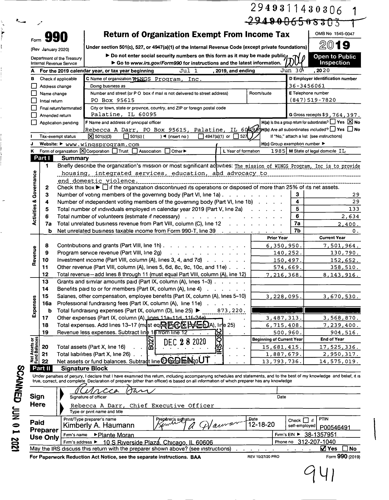 Image of first page of 2019 Form 990 for WINGS Program